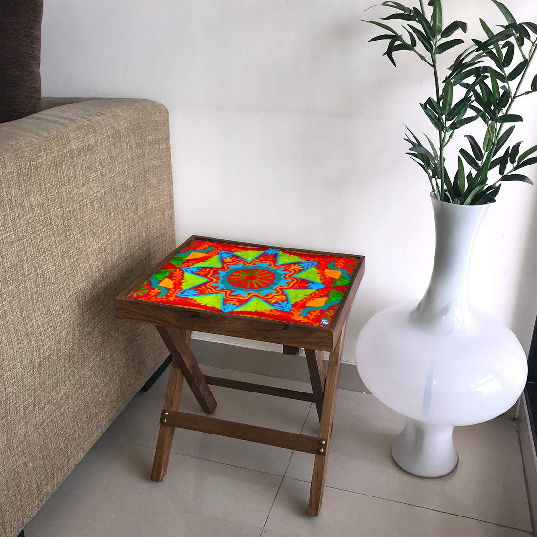 Nutcase Designer Teak Wood Side Table Folding Wooden Bedside Coffee Outdoor Picnic Table - Indian Flower-image-15