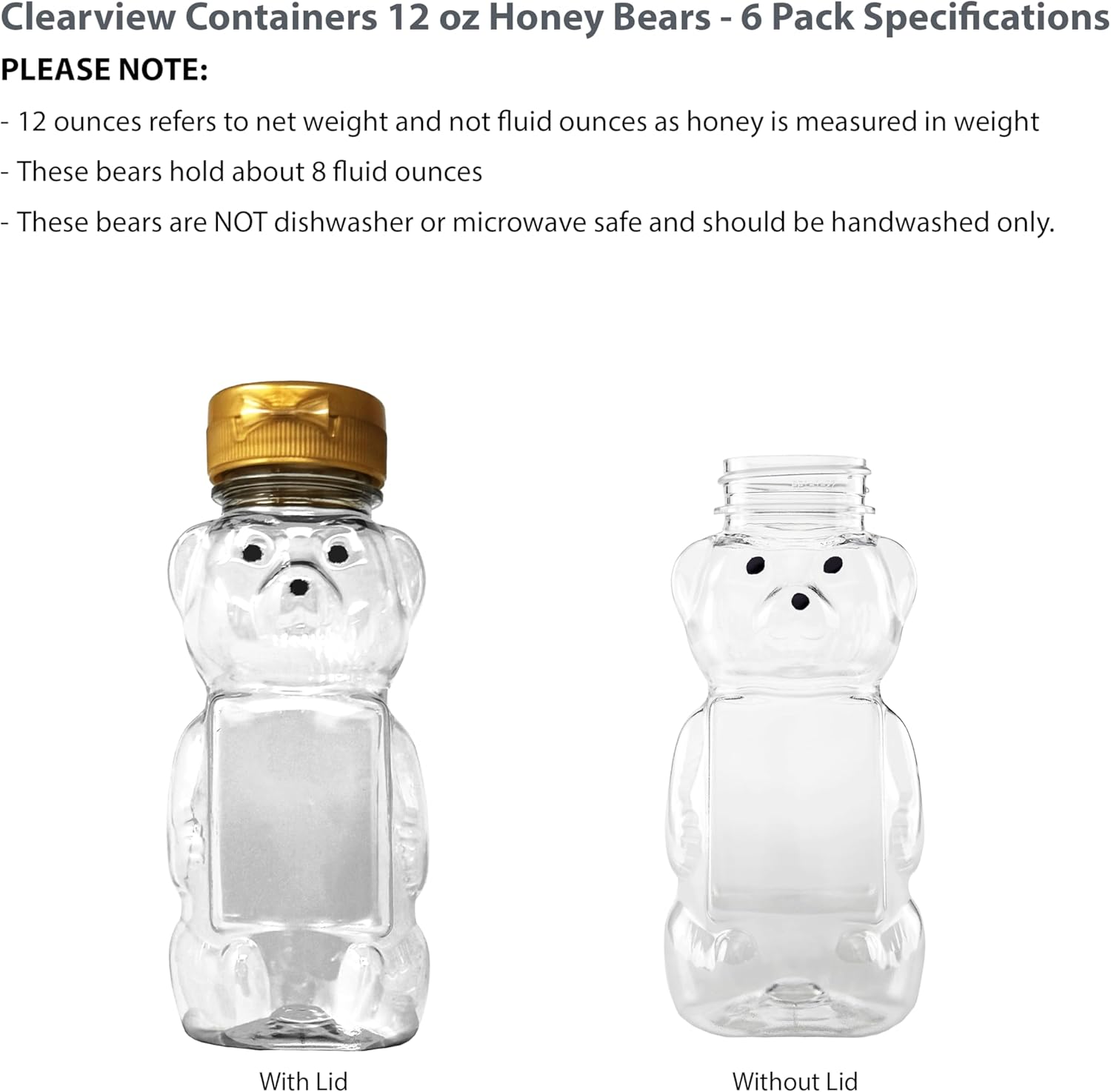 12 Ounce Clear Plastic Squeezable Honey Bears with Sealable Flip Top Lids - BPA Free, Hand Wash Only (Gold, 6 Pack)