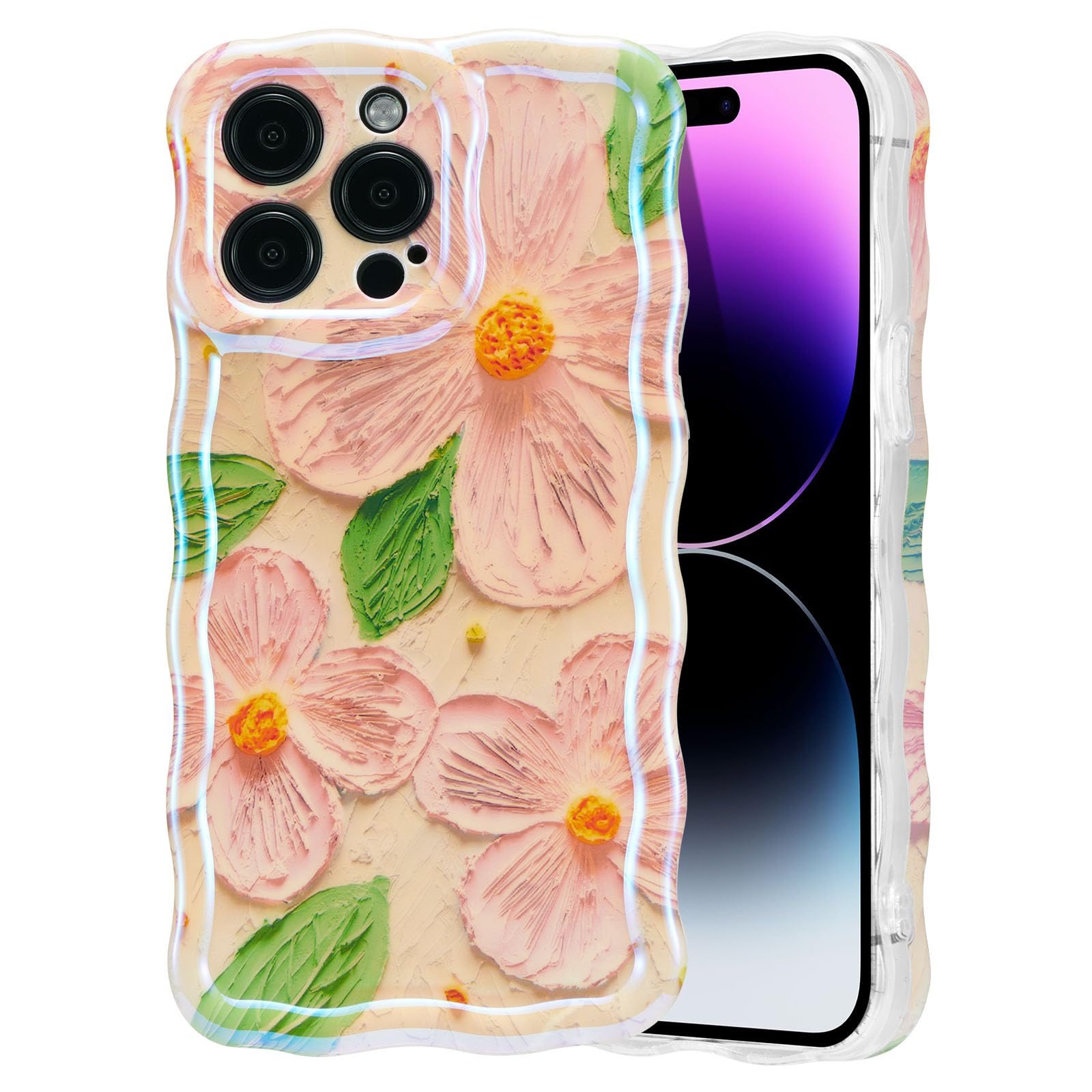 EYZUTAK Case for iPhone 15, Colorful Retro Oil Painting Flower Laser Beam Glossy Pattern Cute Curly Waves Border Exquisite Phone Cover Stylish Durable Soft TPU Protective Case for Girls Women - Green — view 44