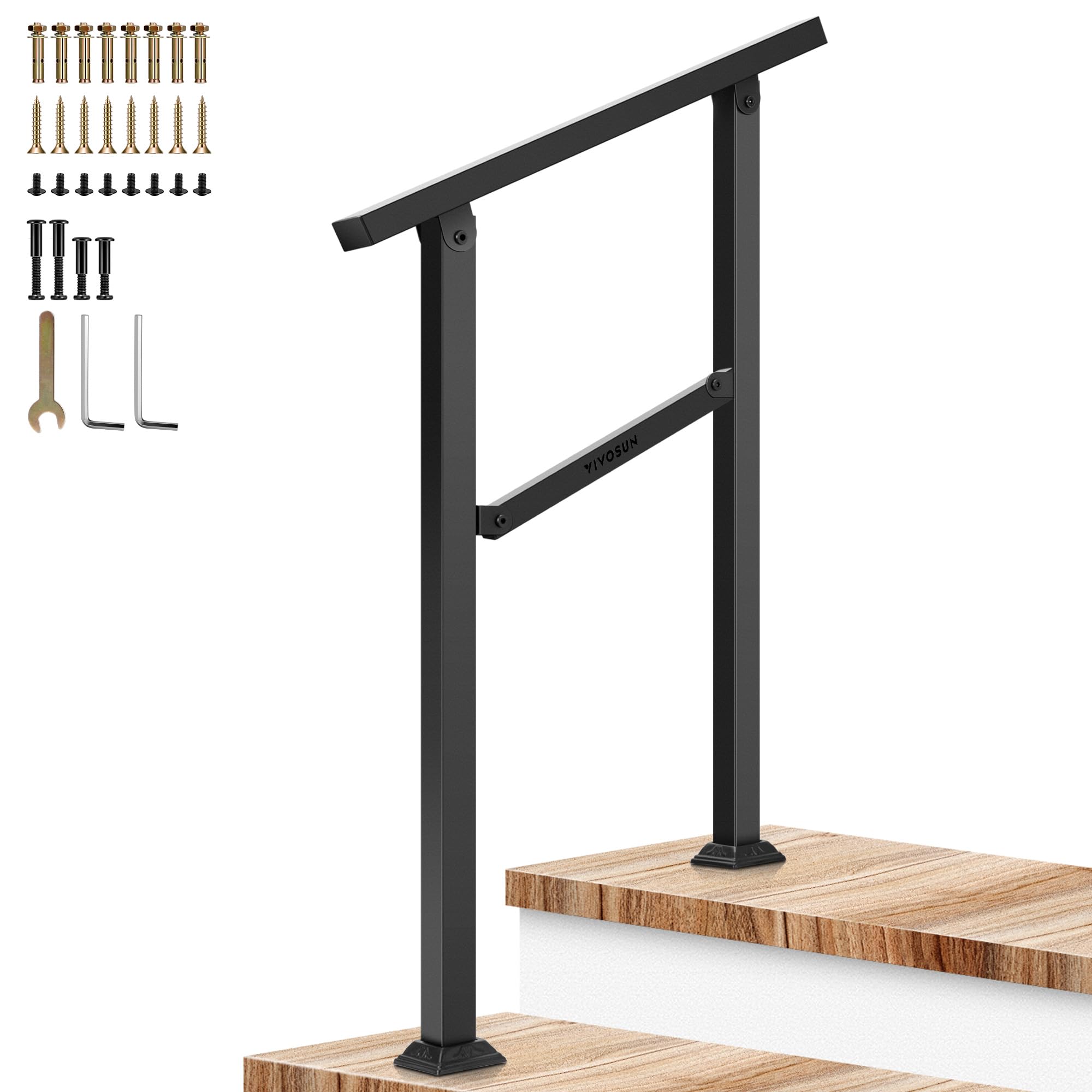 VIVOSUN 2-Step Stair Handrail 26"x36" Wrought Iron Porch Railing Black