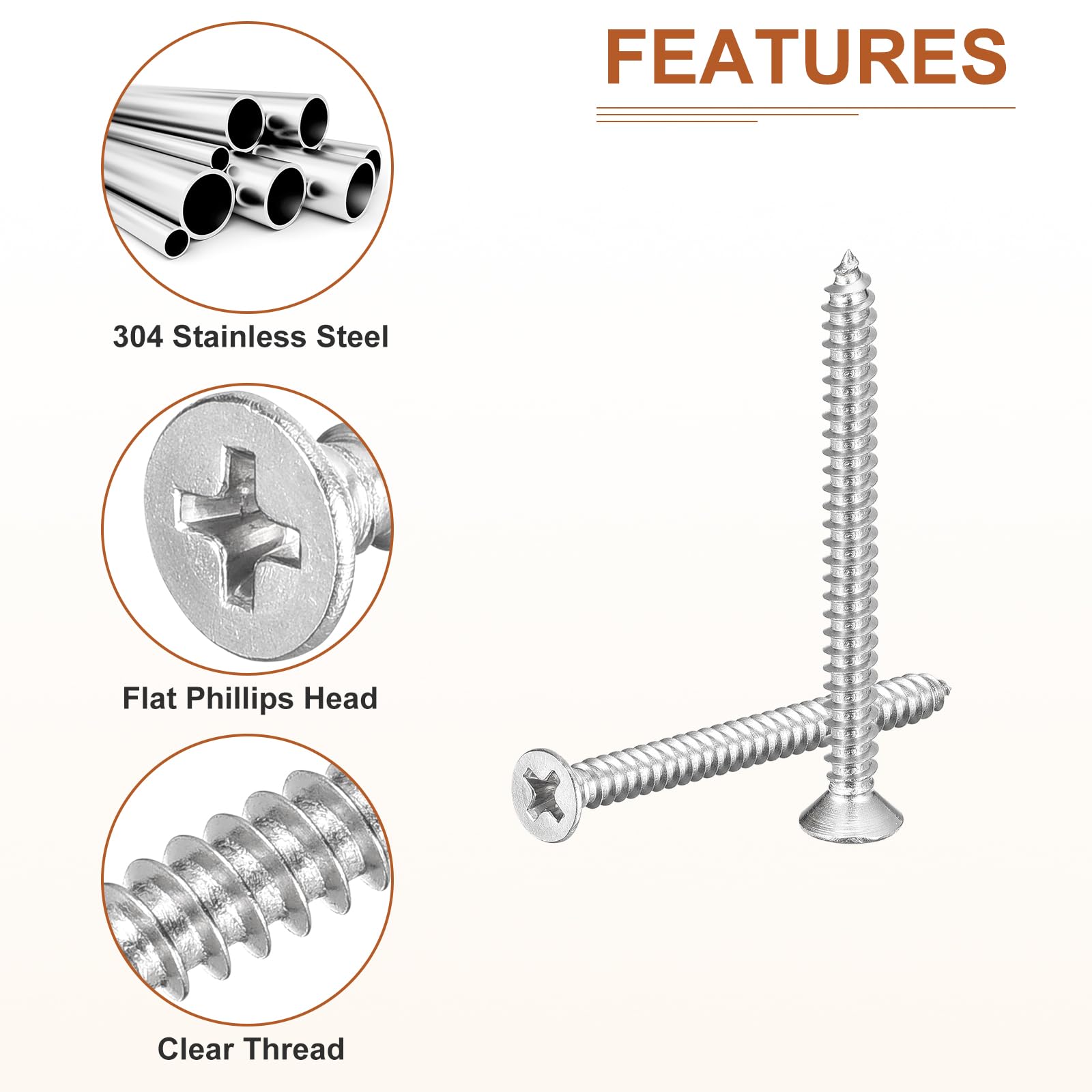 DTGN 100Pcs #7x1-3/4" Flat Head Wood Screws, 304 Stainless Steel Phillips Self Tapping Screws - Good for Woodworking Furniture - Silver - Image 4