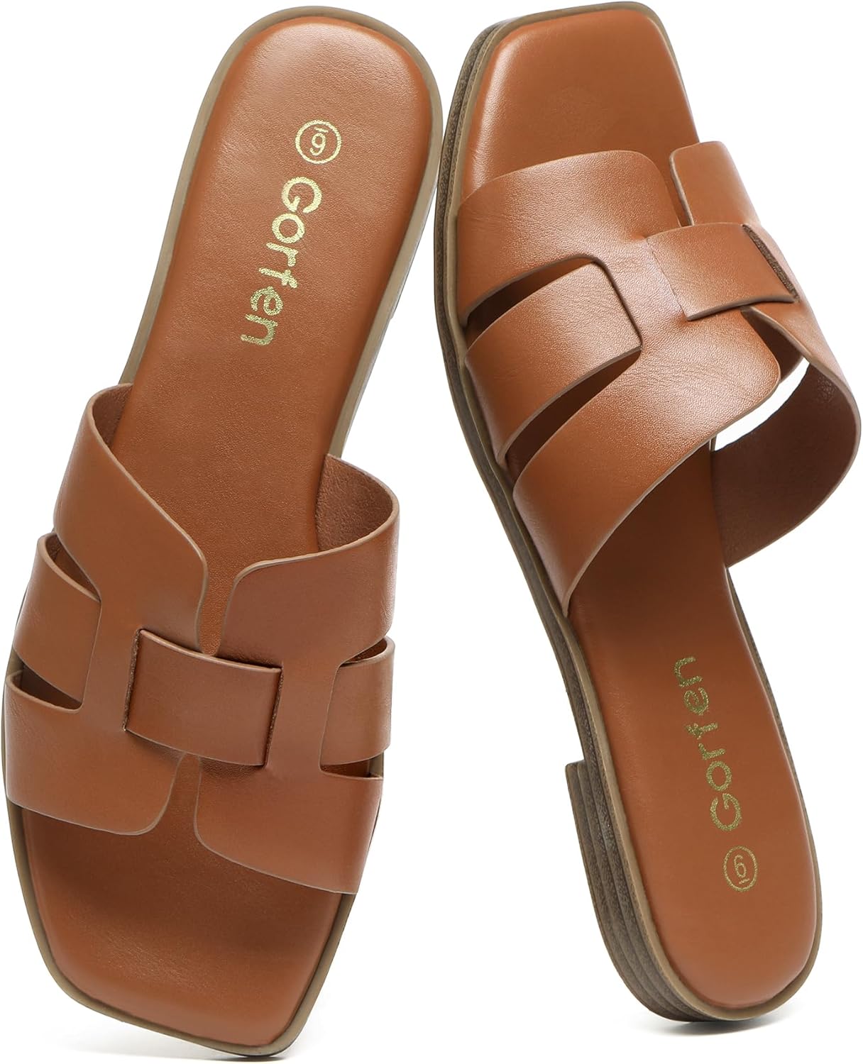 Women's Flat Sandals Dressy Comfortable Square Open Toe Slip On Leather Slide Sandals - Image 3