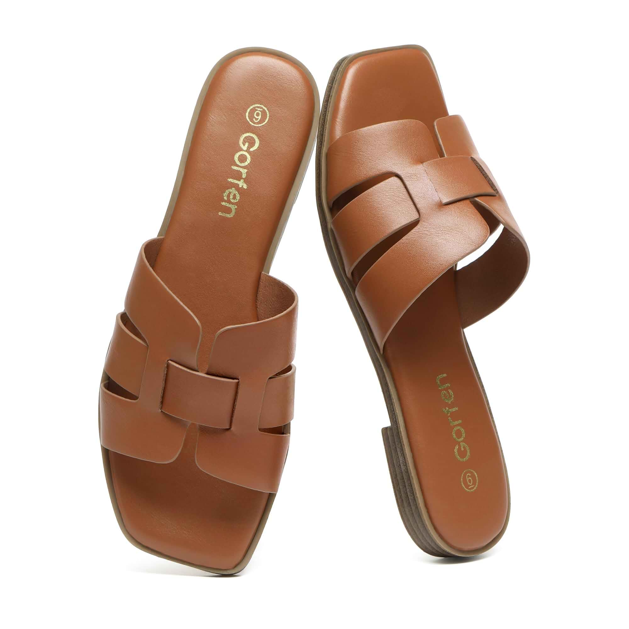 Women's Flat Sandals Comfortable Square Toe Slip On Slide Sandals Comfortable PU leather summer sandals with cushioned footbed and H-shaped upper for work, travel, beach, dinner, and weekends