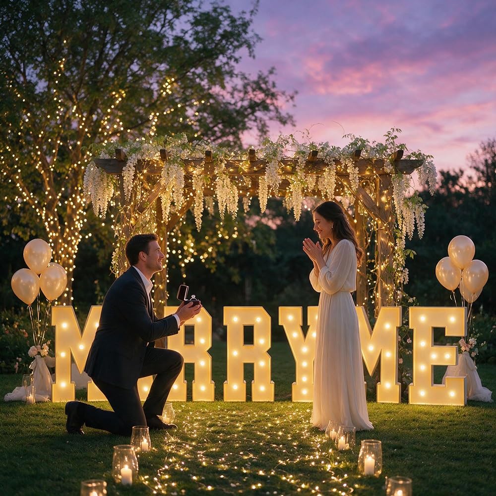 "Marry Me" LED Leuchtbuchstaben Marquee Schild für Hochzeitsdeko | KT-Schaumplatte Vorgecutt, Heiratsantrag Deko, Leichter Aufbau, Kabellos, Leicht, Mehrfach Verwendbar(Warm white,100cm)