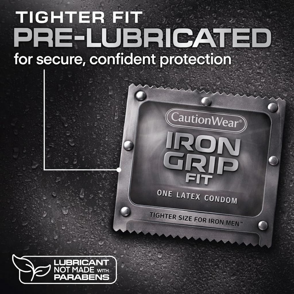 Caution Wear Iron Grip Condoms – 24 Pack, Snug Tighter Fit Latex Condoms for Men, Lubricated, Secure Fit, Individually Wrapped