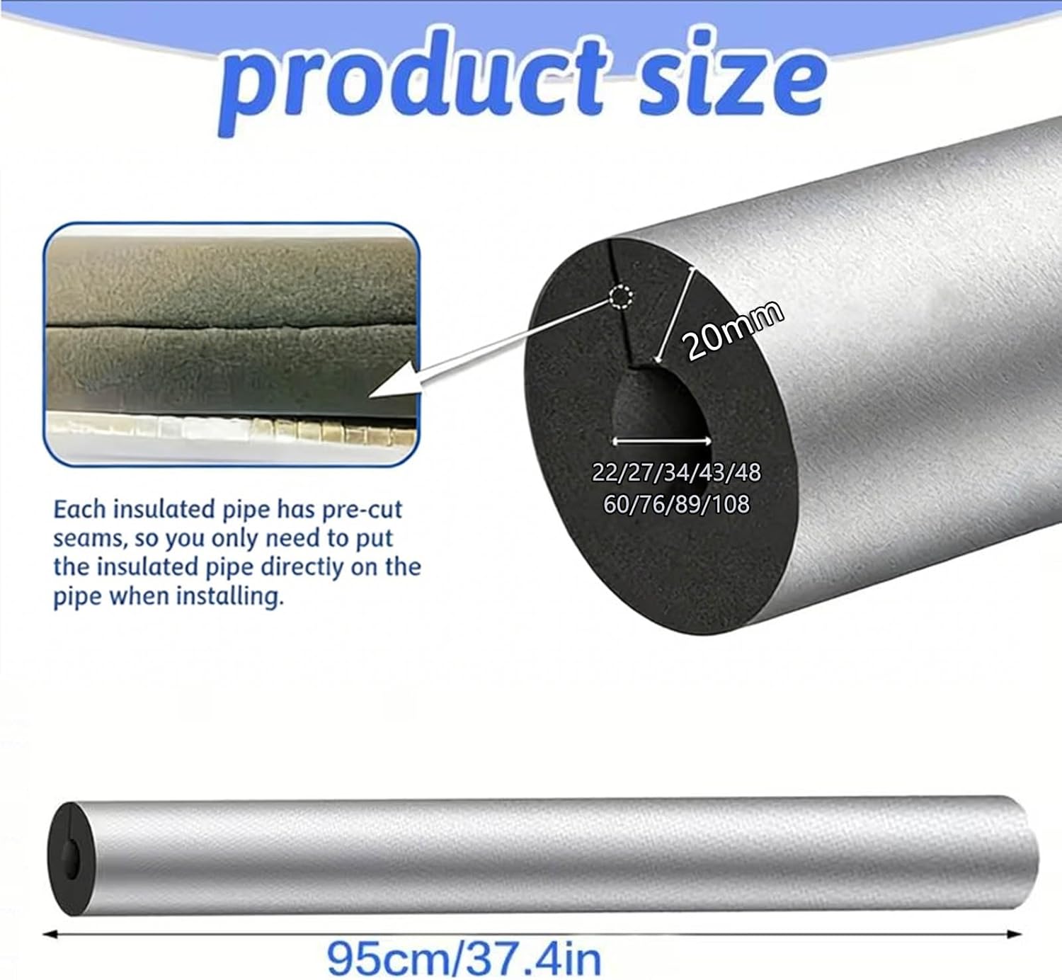 ID22mmxT20mmx0.95m，Pipe Insulation Lagging Foam Pipe，Thermal Sponge，for Indoor and Outdoor Pipe, Winter Protectio，for Utensil Tools Handle Support(ID108mmxT20mmx0.95m)