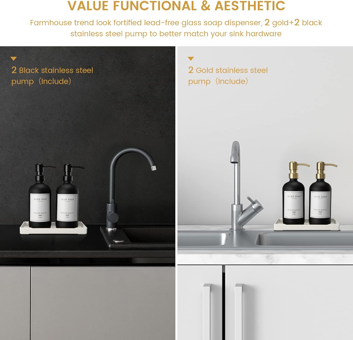 Glass Soap Dispenser for Kitchen, Farmhouse Dish Soap Dispenser&Hand Soap Dispenser Set,Rustproof Pump Lotion Dispenser Bathroom with Tray,Waterproof Label for Kitchen Decor(Black - Image 2