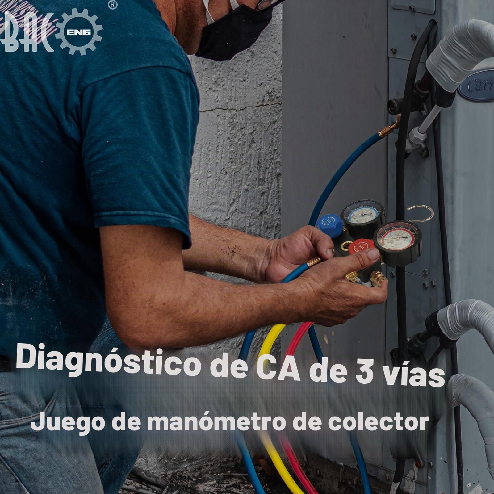 BACOENG Juego de Manómetros aire Acondicionado de 3 Vías con Mangueras de 150 cm, Manómetro Profesional HVAC Compatible con R1234YF R32 R134A y R410A, para Reparación de AC en Automóviles y Hogar