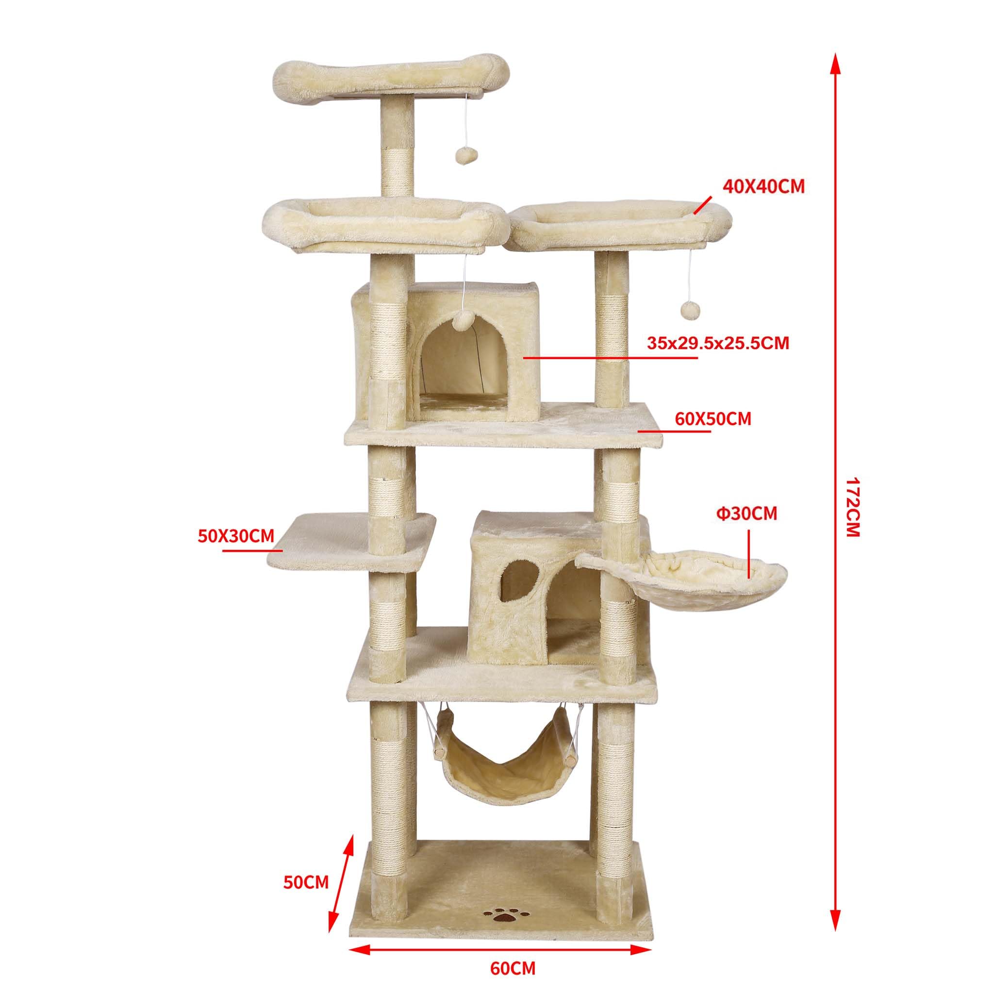 Árbol rascador Beige 172 cm diseñado con Huella de Gato Postes, hamacas, Cuevas y Bolas de Juego