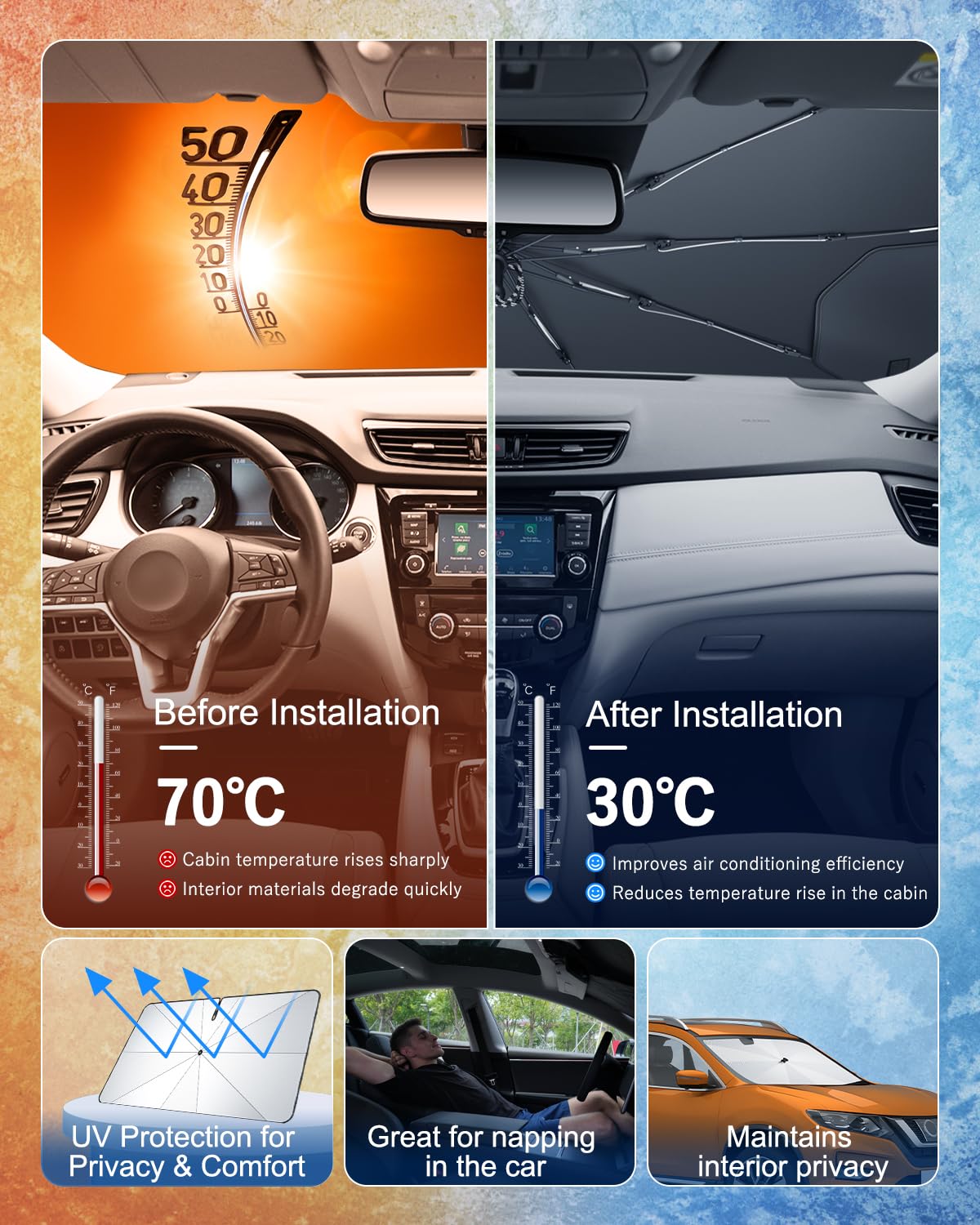 BIBIBO X-Trail T32 kompatybilne z Nissan X-Trail T32 2015-2020, osłona przeciwsłoneczna na przednią szybę samochodu, osłona przeciwsłoneczna X-Trail T32, akcesoria