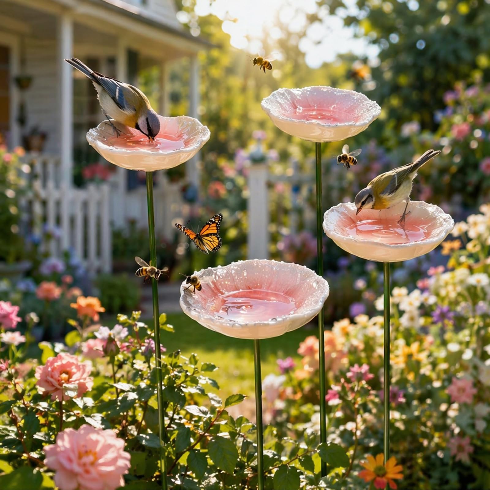 Handmade Ceramic Mini Pollinator Watering Station | Colorful Flower Bee Water Feeder & Butterfly Bird Bath, Small Outdoor Garden Stakes Yard Art Decor for Patio Lawn Balcony — image 1