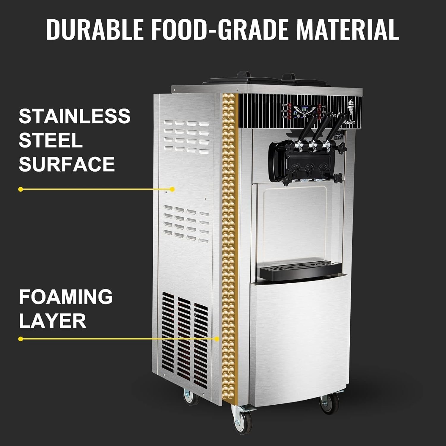 Kommerzielle Eismaschine, Gewerbliche Eismaschine Softeismaschine 20–28 L/h 2200 W Gewerbliche Eiscrememaschine mit 3 Aromen & 2 x 6L & LED-Panel, für Restaurant, Café