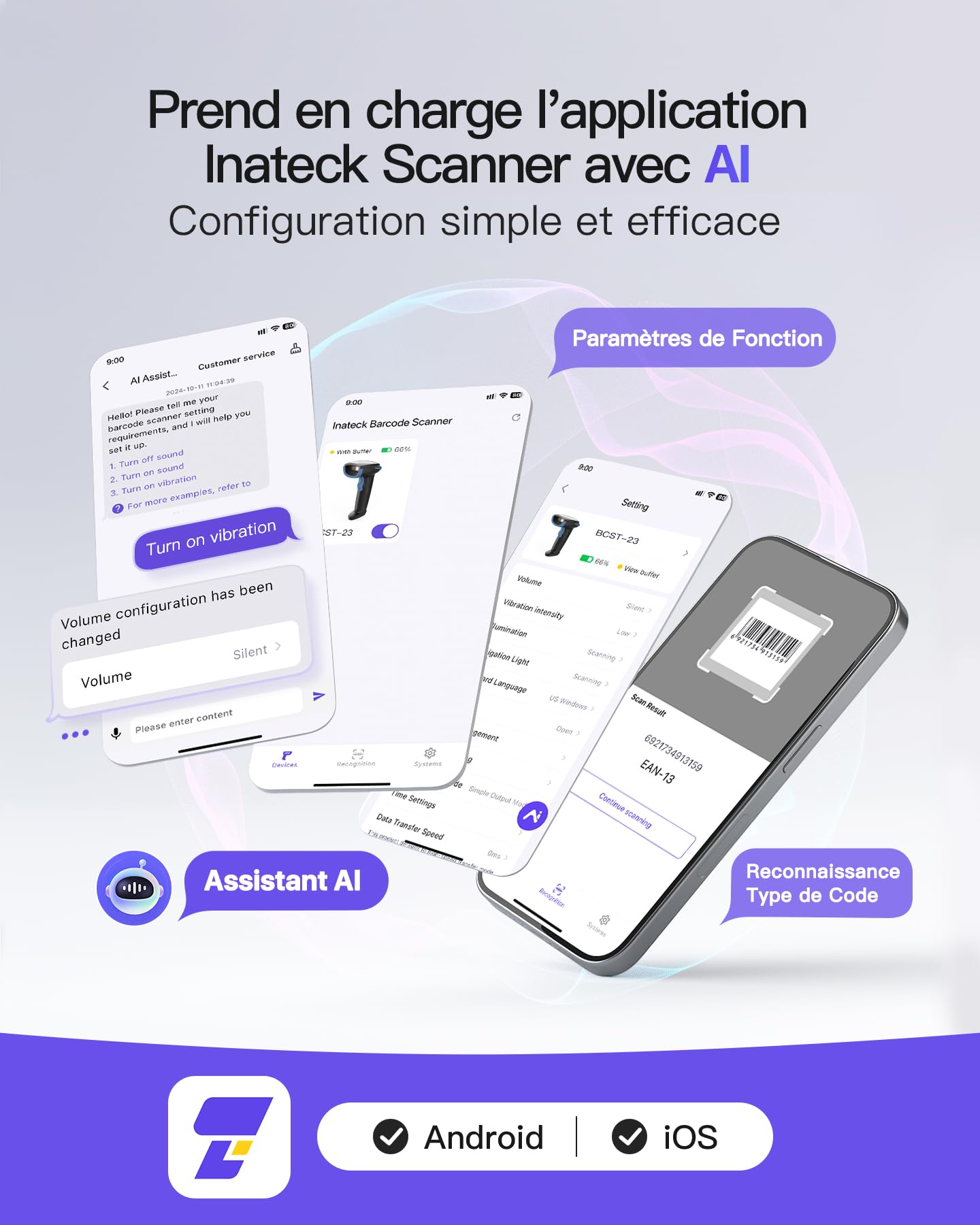 Inateck Lettore di Codici a Barre 1D 2D QR, Pistola Barcode Scanner Wireless, 2600mAh Batteria, Plug and Play per PC Computer Android iOS iPhone, BCST-23, Blu