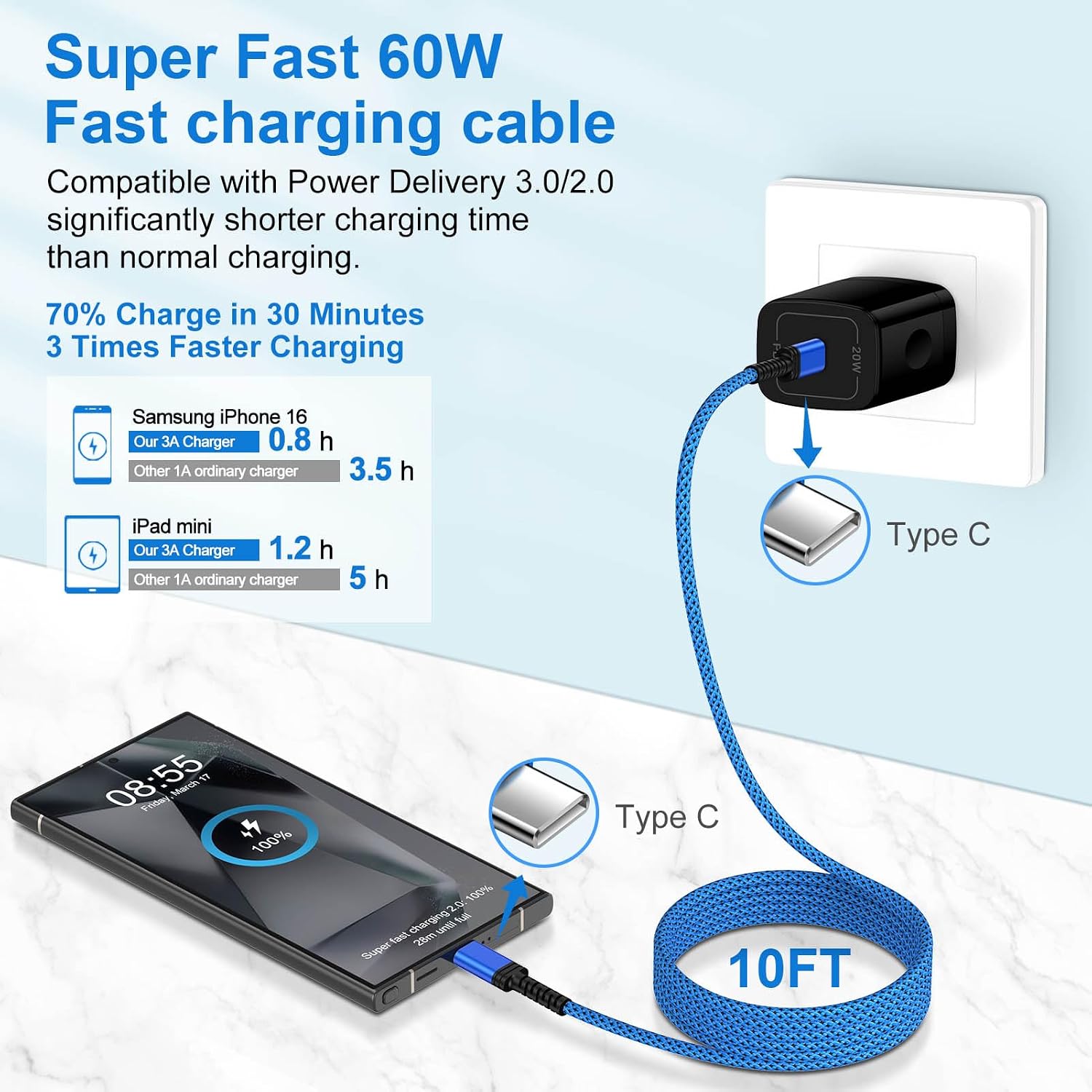 USB C to USB C Charger Cable for Samsung Galaxy S26 Ultra S25 Edge A16 5G A36 A26 A15 A35 S24 FE,6FT 60W Super Fast Samsung Charger Cable Type C to C Samsung Charging Cord Android Phone Power Cord image 3