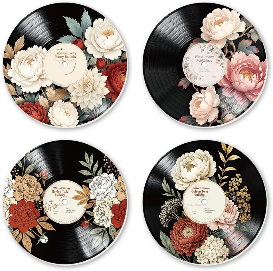 COMBLOOM 4 Pack 12 Inch Peony Vintage Records Wall Decor Aesthetic Art