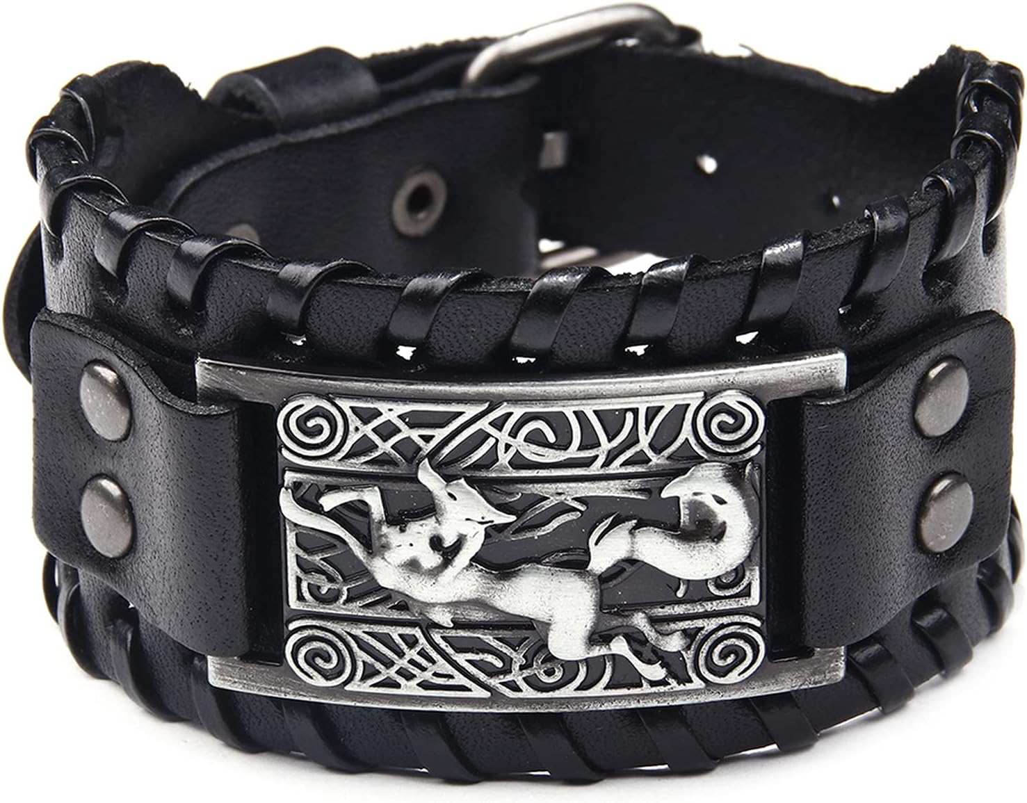 Black Leather Bracelet Antique Silver Viking Fox Celtic Knot Irish Cuff Wide Leather Bracelets Punk Style Wristband Bangle Bracelets