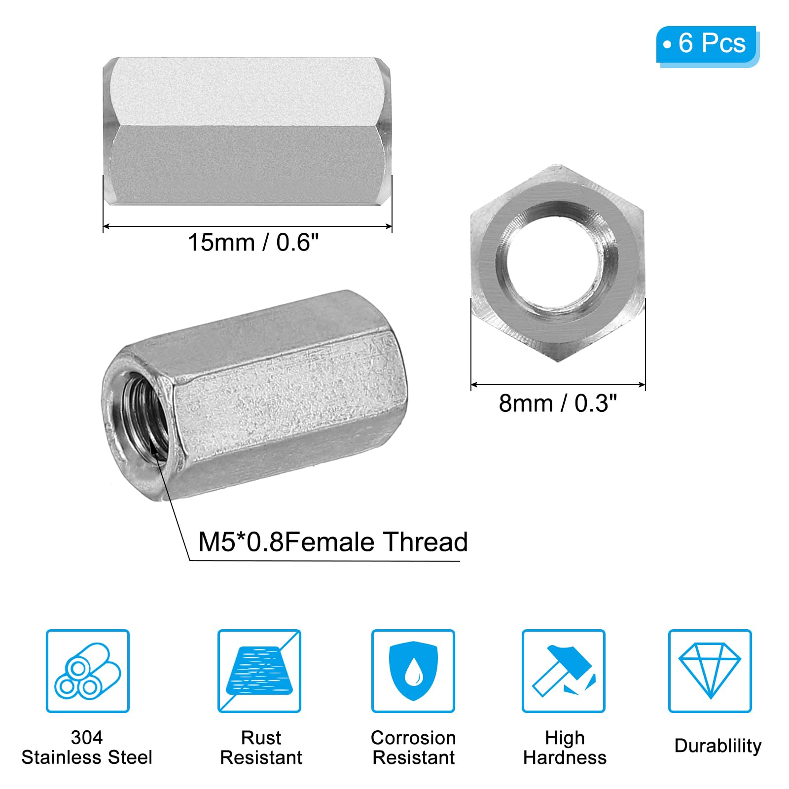 PATIKIL M5 x 0.8-Pitch Dado Esagonale Lungo Acciaio Inossidabile 304, 6Pz 15mm/ 0.6" L Dadi di Accoppiamento Dado a Barra Lunga Intera Connettore per Barra Filettata, Tono Argento