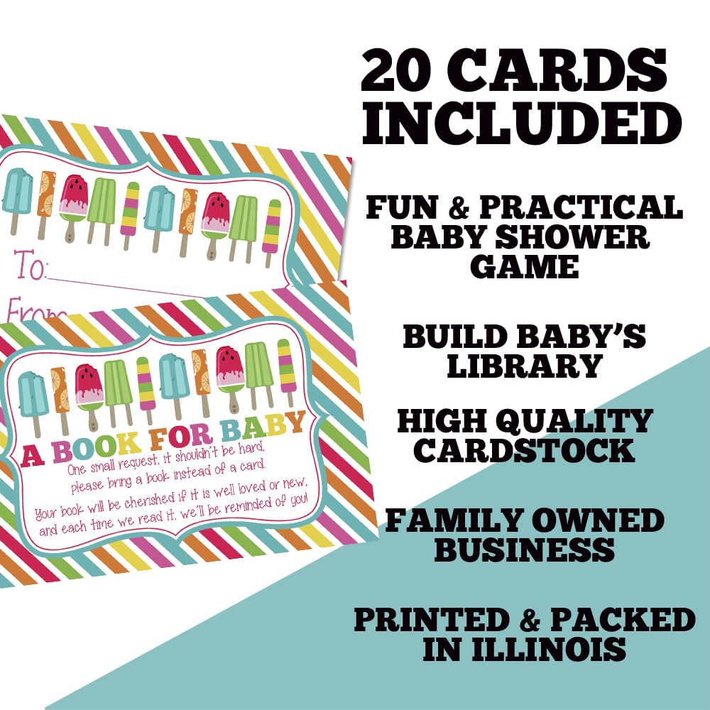 Amanda Creation Book Request Cards Gender Neutral Cool Popsicle Bring a Book Insert Request for Baby Shower - 20 2.5 by 4 Inch Double Sided Gift Tags, Made in the USA