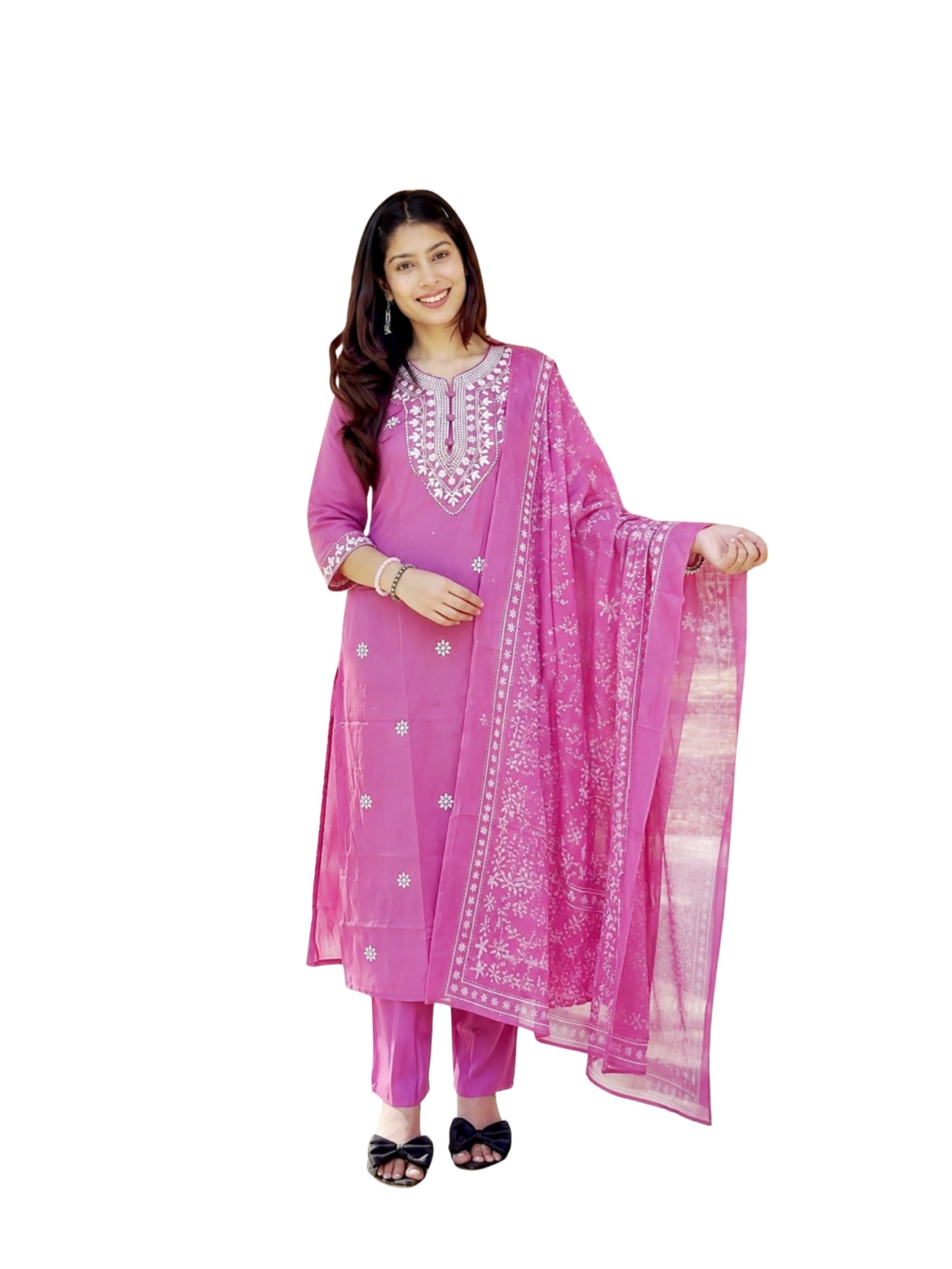 Women’s Pure Cotton 3-Piece Suit Set – Floral Kurta, Matching Pants & Dupatta-picture-41
