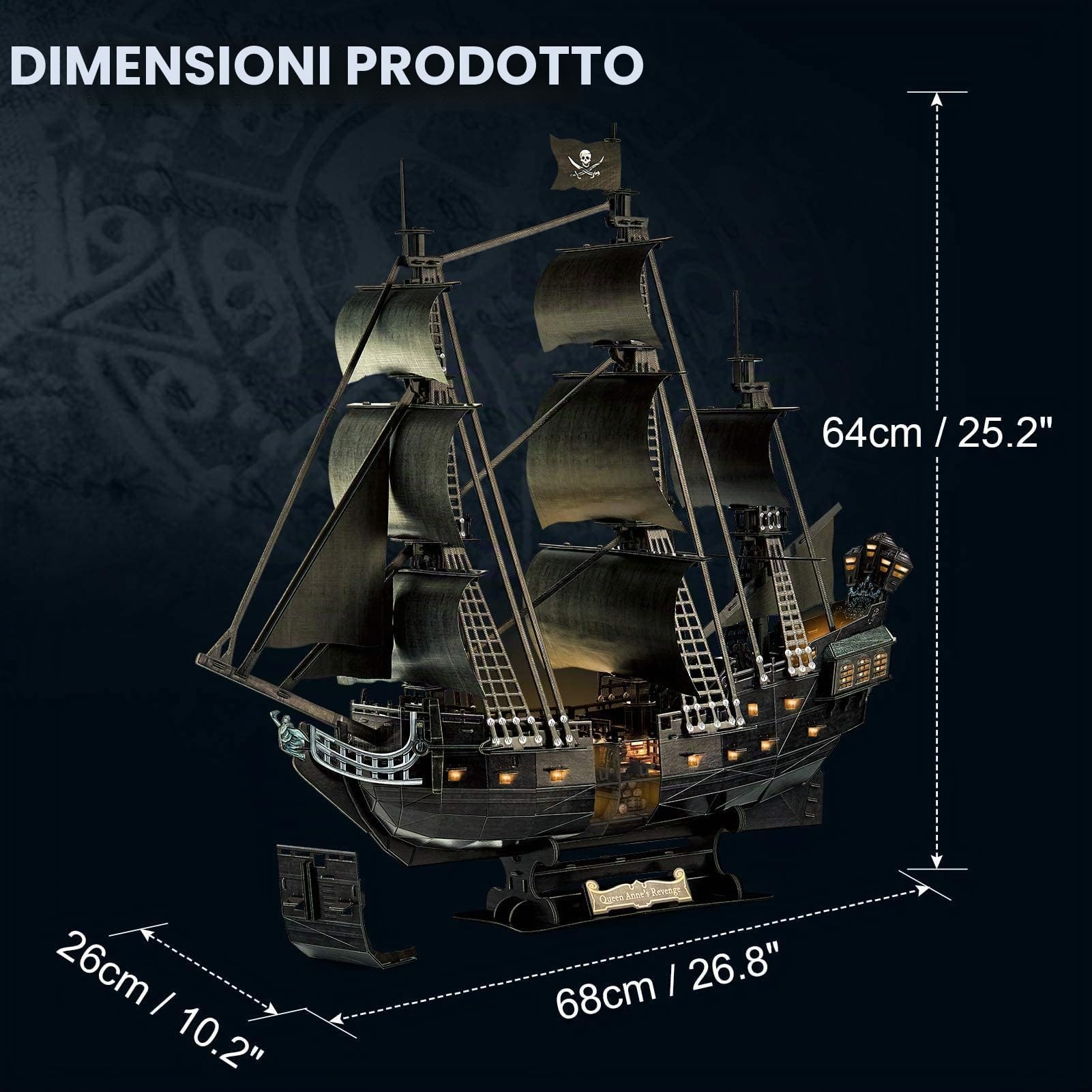 CubicFun Puzzle 3D LED Queen Anne's Revenge, Modello Nave Pirata 293 Pezzi | Nave Pirata con Interni Dettagliati, Kit Costruzione Modellismo Adulti, Modello Collezione con Luci LED
