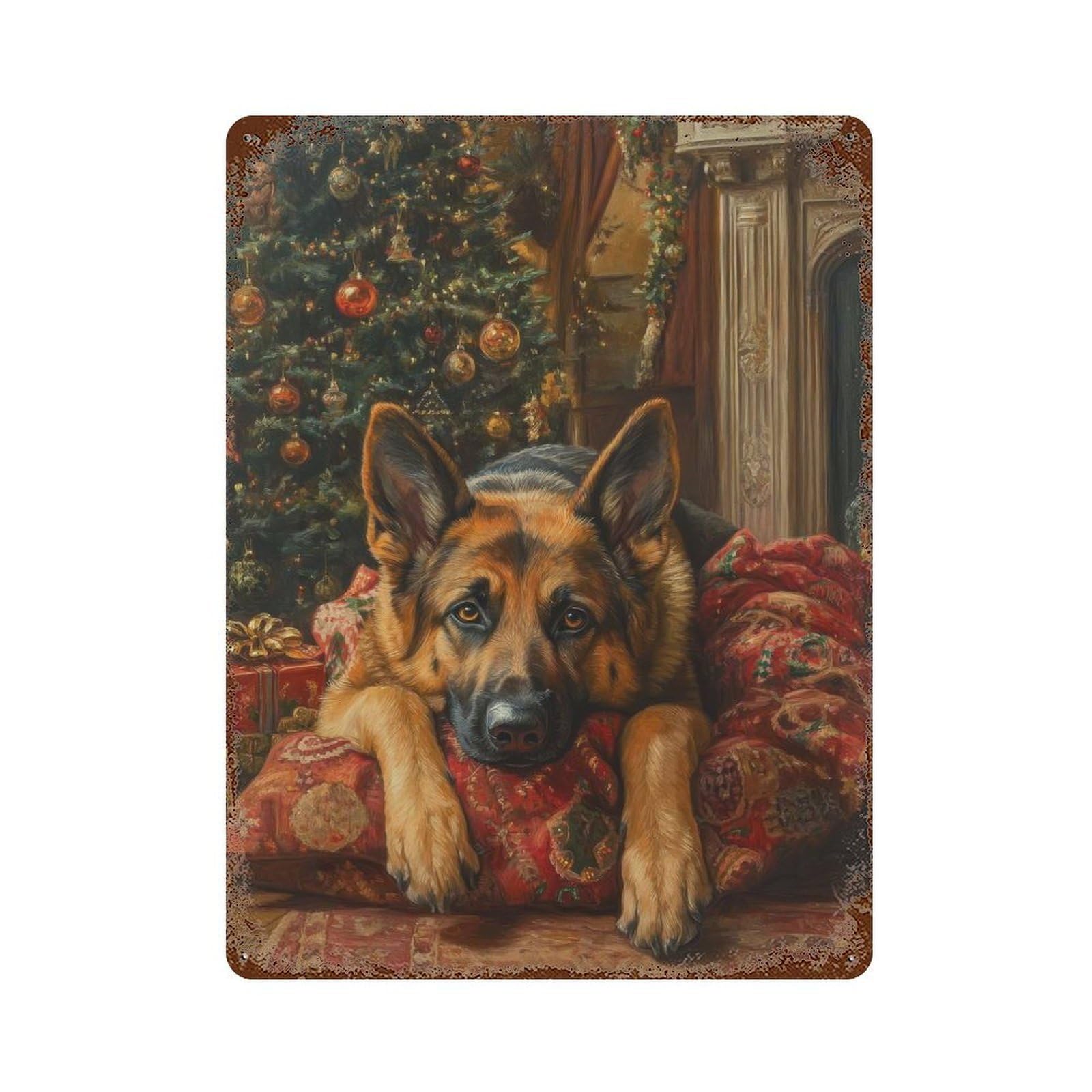 German Shepherd Christmas Portrait Holiday Dog Wall Art Vintage Rust Metal Sign 15.7"x11.8", Retro Wall Decor for Garage, Pub Or Kitchen