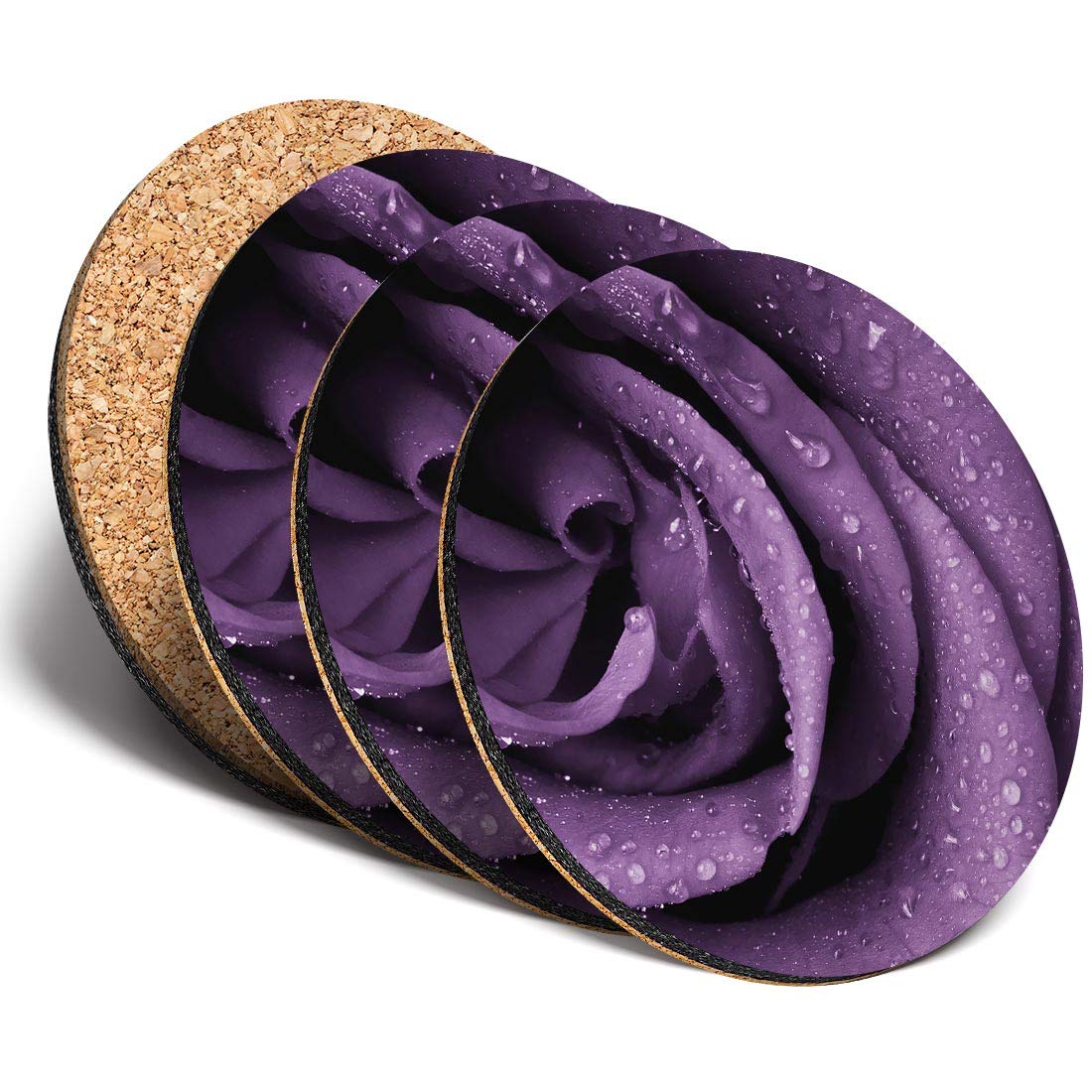 Destination Vinyl Ltd Great Coasters (Set of 4) Round - Pretty Purple Rose Drink Glossy Coasters/Tabletop Protection for Any Table Type #15008