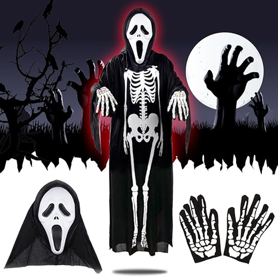 Amazon Co Jp スケルトン コスチューム 2win2buy ハロウィン スクリーム 死神 3点セット ホラーマスク 衣装 手袋 仮装 コスチューム大人用 パーティーグッズ 骸骨 お化け 肝試し 演出 スケルトン ボーン スカル 恐怖 余興 フリーサイズ ファッション