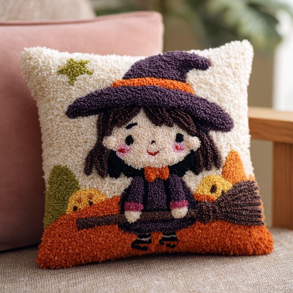 Taxpy DIY Latch Hook Rug Kits, Girl and Broom Latch Hook Cushion Kits Pillowcase Rug Crochet Needlework DIY Needlework Pillow Cover Sofa Cushion 43x43cm