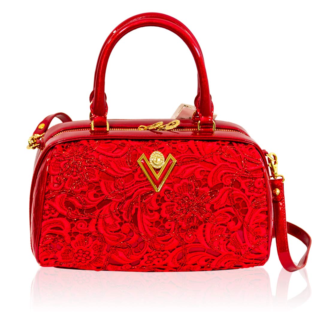 Valentino Orlandi Italian Designer Red Lace Embroidered Leather Barrel Top Handle Bag