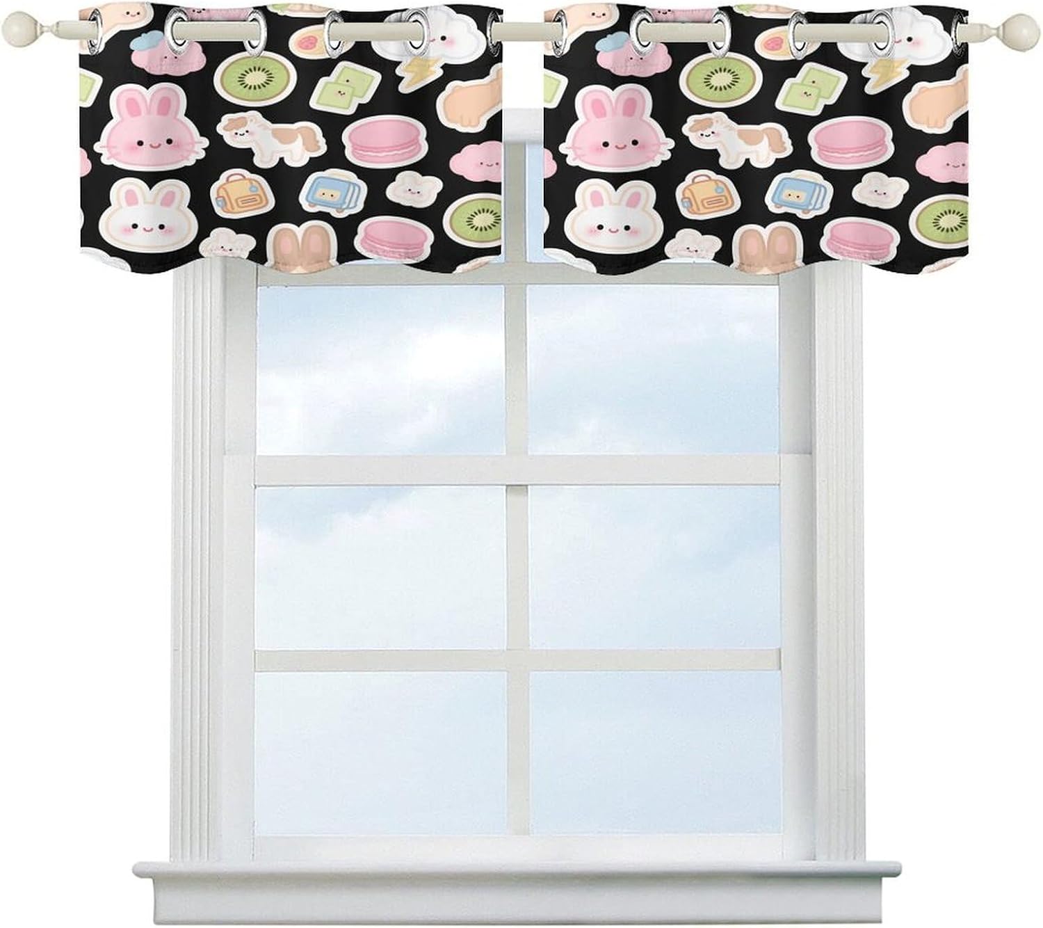 Black and Pink Rabbit Fruit Curtain 2 Panels, Polyester Fiber, Blackout Insulated Window Curtain, Curtain Valance for Kitchen Dining Room Living Room Cafe Small Window 52 * 18.1 Inches