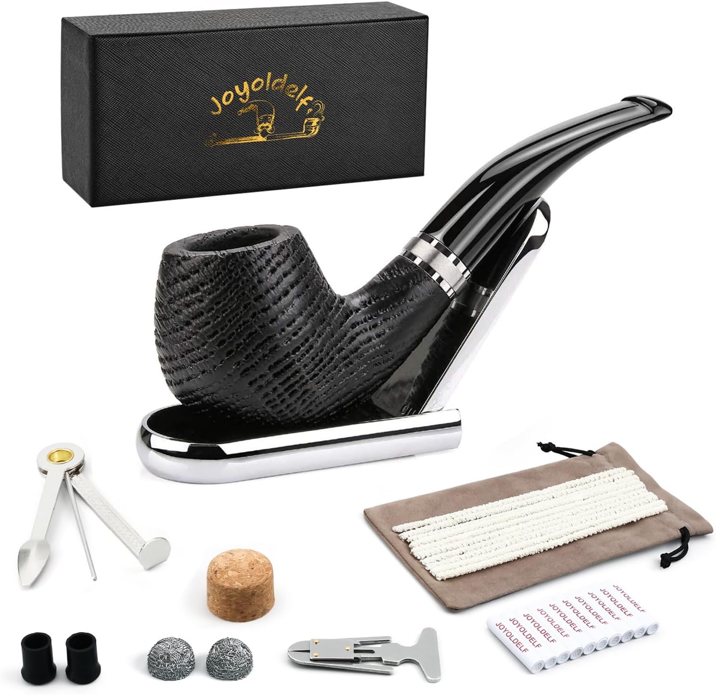 Joyoldelf Smoking Pipe, Bent Wooden Tobacco Pipe with Gift Box, Oak Tobacco Pipes for Smoking with Foldable & Stainless Steel Pipe Stand, 9mm Pipe Filter and Smoking Accessories