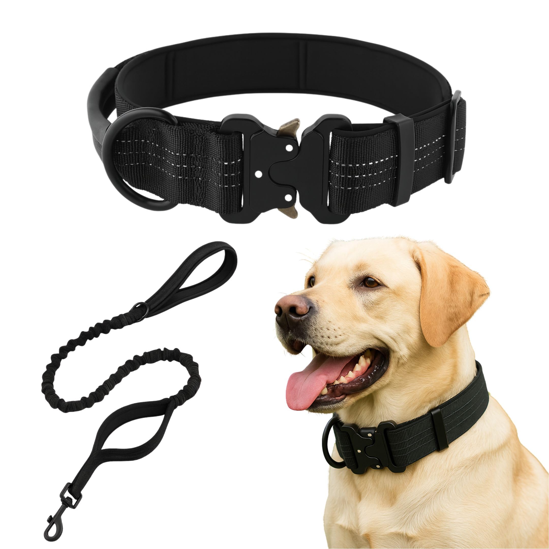 Collar Táctico con Correa para Perro Mediano y Grande, Collar Ancho, Ajustable y Resistente con Asa de Sujeción y Hebilla metálica, Correa con Doble Asa y Sistema Amortiguador de Tirones