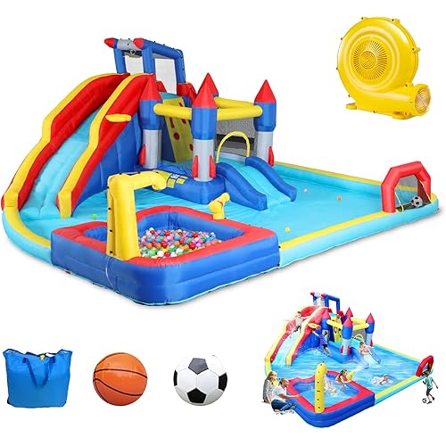Large Inflatable Water Slide Park, 19x17x8 Ft 10 in 1 Water Bounce House with Blower, Dual Splash Pool, Water Cannon, Basketball & Soccer, Water Slides Bouncy Castle for 3-10 Kids Outdoor Backyard