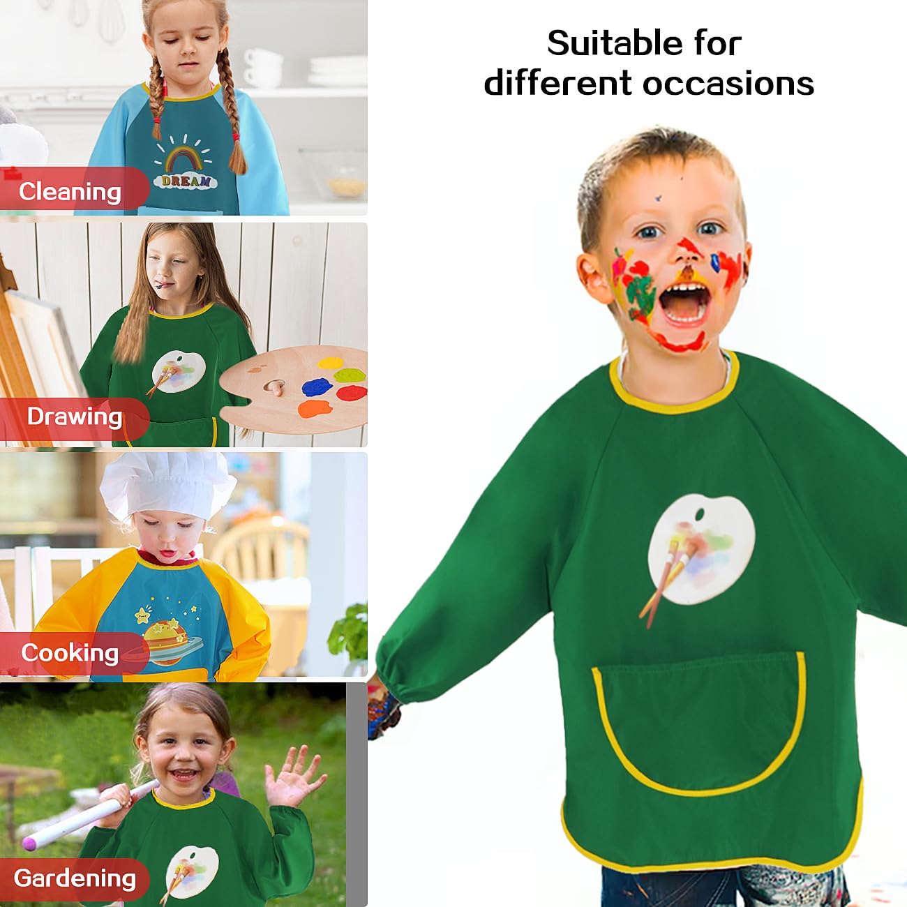MESU Kids Art Smocks Long Sleeve Apron Waterproof Artist Painting Children Apron Green Palette M, Fit Height 80-100cm - Image 2