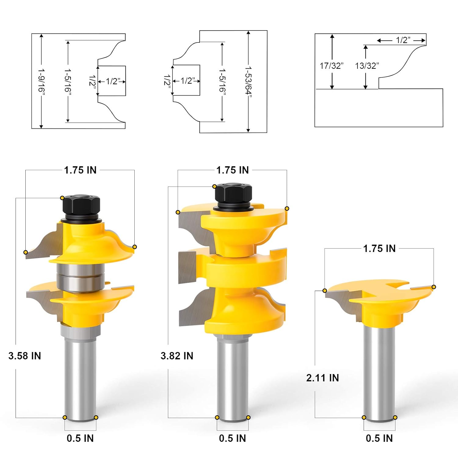 Router Bit Set 1/2-Inch Shank, 3Pcs/Set Extended Tenon Entry Door Rail and Stile Woodworking Milling Cutter Door