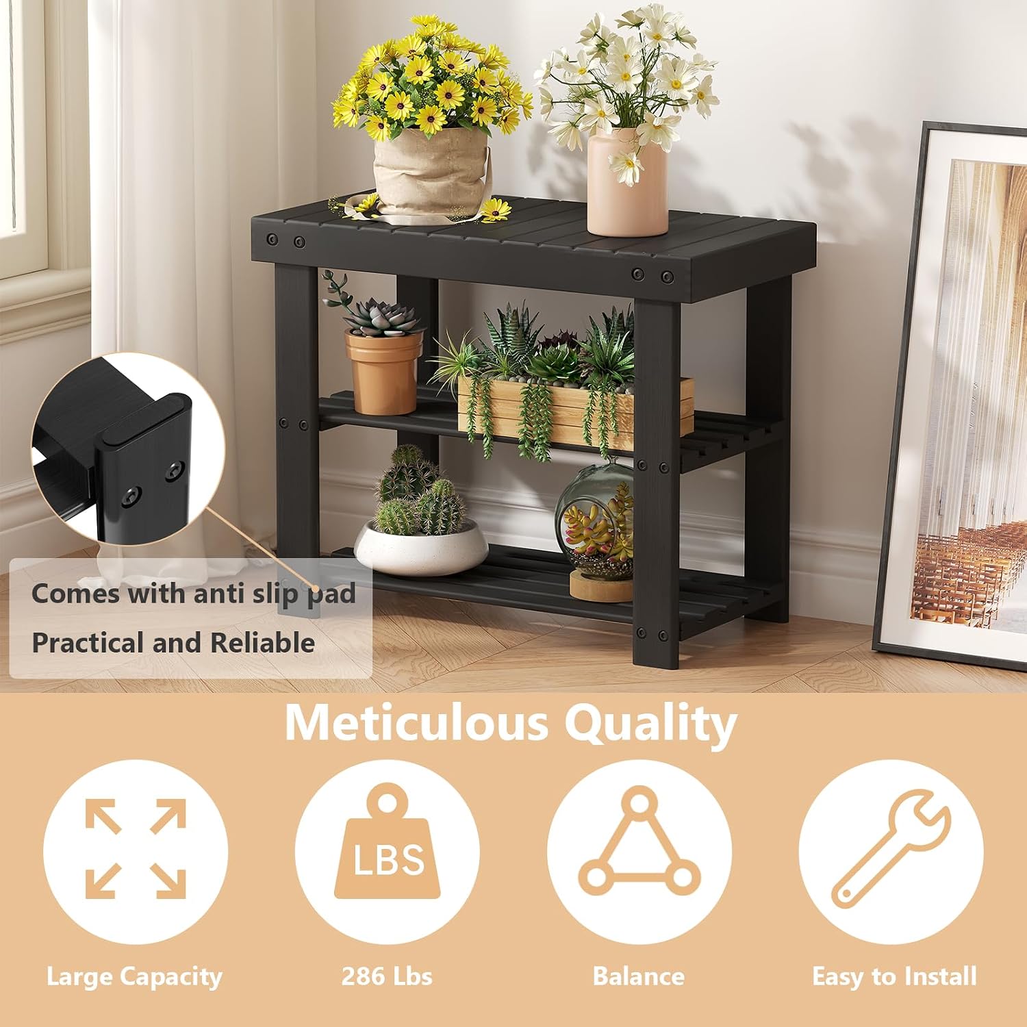 NEWBULIG Shoe Rack Bench, 3-Tier Bamboo Shoe Organizer, Wooden Entryway Storage Bench, 286 lb Load Capacity, 11.2x19.7x17.9 Inches, for Entryway Bathroom Bedroom Balcony, Black