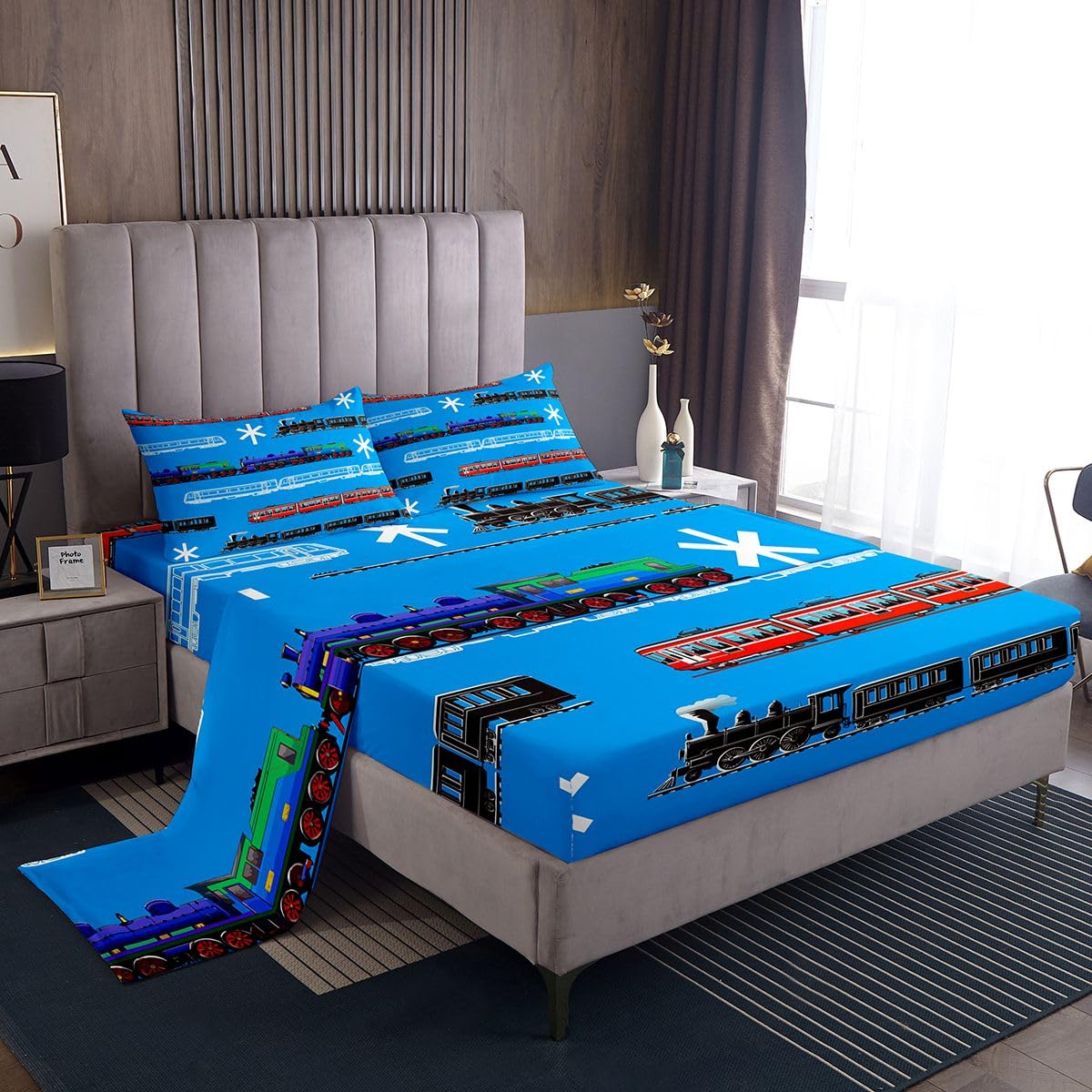 Feelyou Train Kids Boys Bed Sheets Retro Steam Engine Toddler Sheet Set for Teens Railway Track Transport Bed Set Red Blue Black Decor Sheets Room
