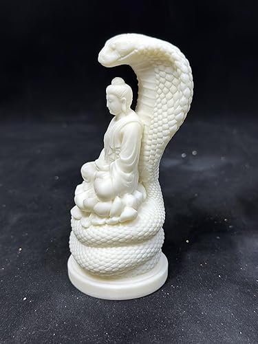 Miniatura 3 de Estatua de Buda Amitabha Decoración de oficina en casa, decoración Zen blanca Buda Amitabha sentado en figuras de serpiente, regalo de Feng Shui
