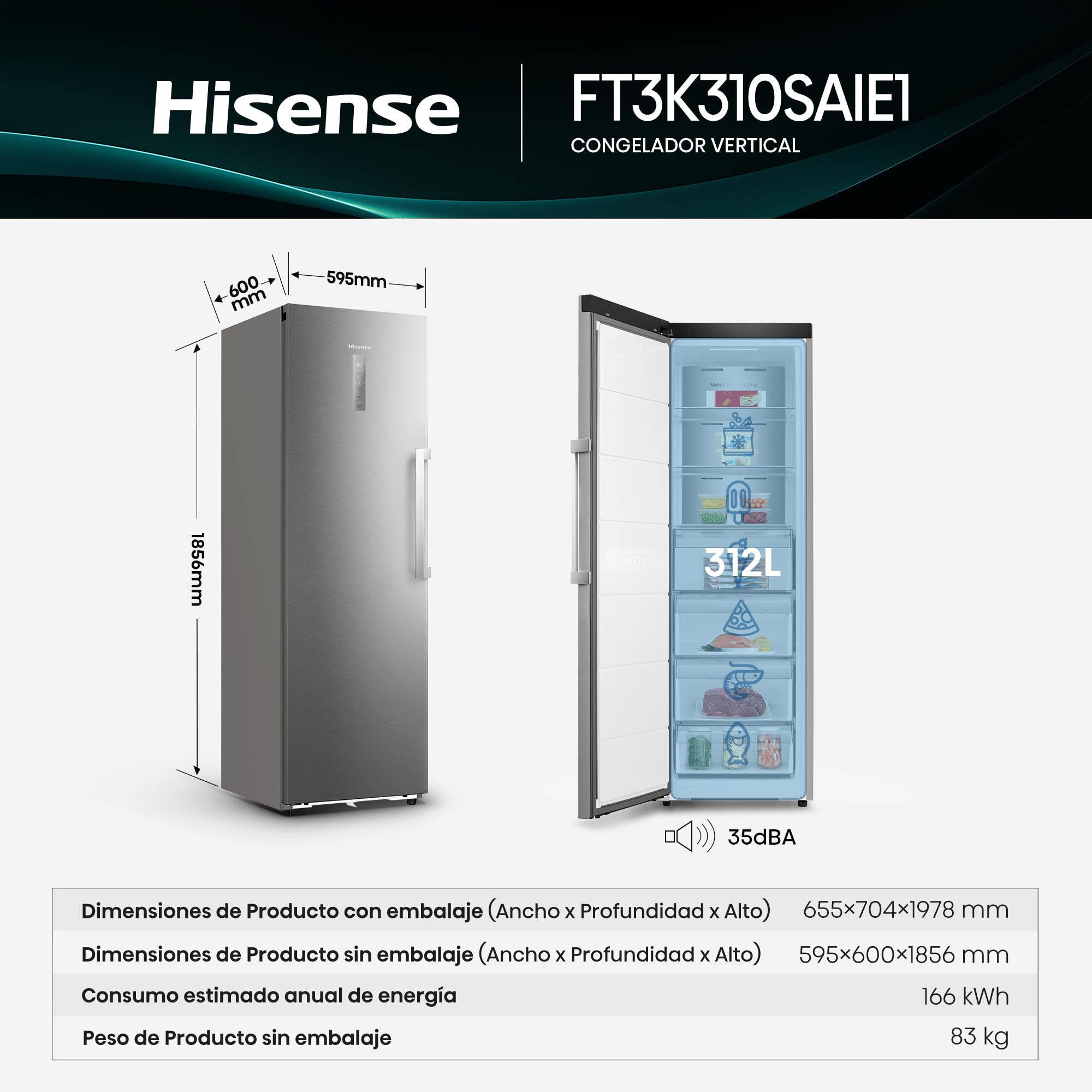 Hisense FT3K310SAIE1 - Congelador Una Puerta Total No Frost Kitchen Fit, 312L, 186cm, Ventilación Inferior, Apertura de Puerta 90º, Metal-Tech Cooling, Tirador de Apertura Fácil, WiFi, Inox