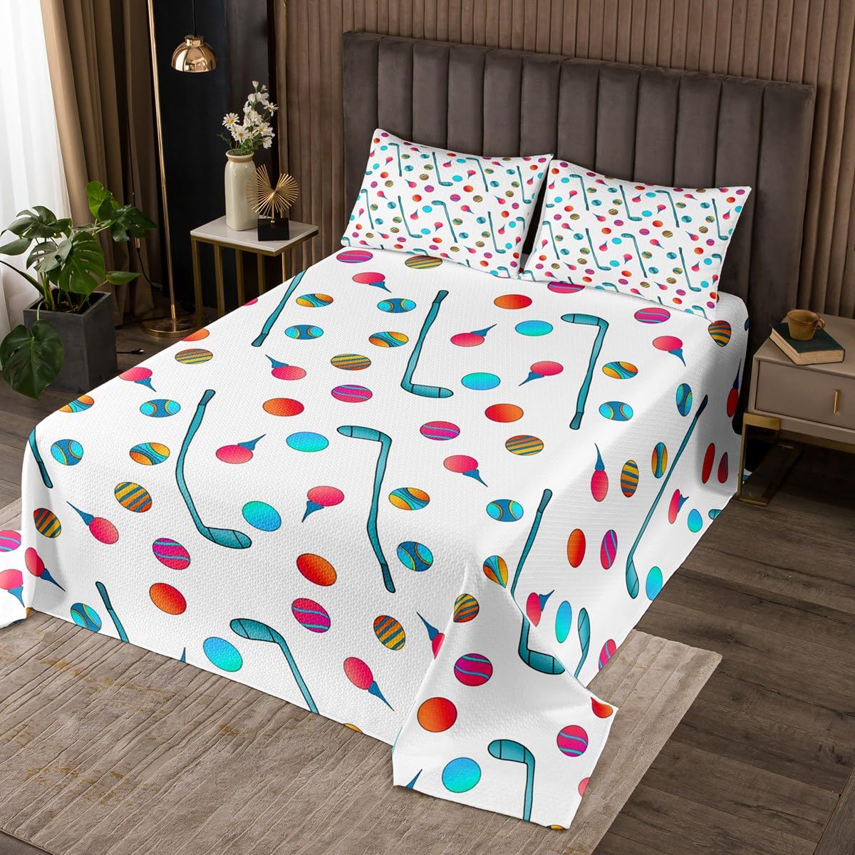Manfei Golf Kids Bedspread King Size,Colorful Golf Club Sports Lovers Coverlet Set,Boys Girls Room Decor,Modern Fashion Ball Competition Games Quilted Coverlet,White Bedding Quilt,2 Pillowcases