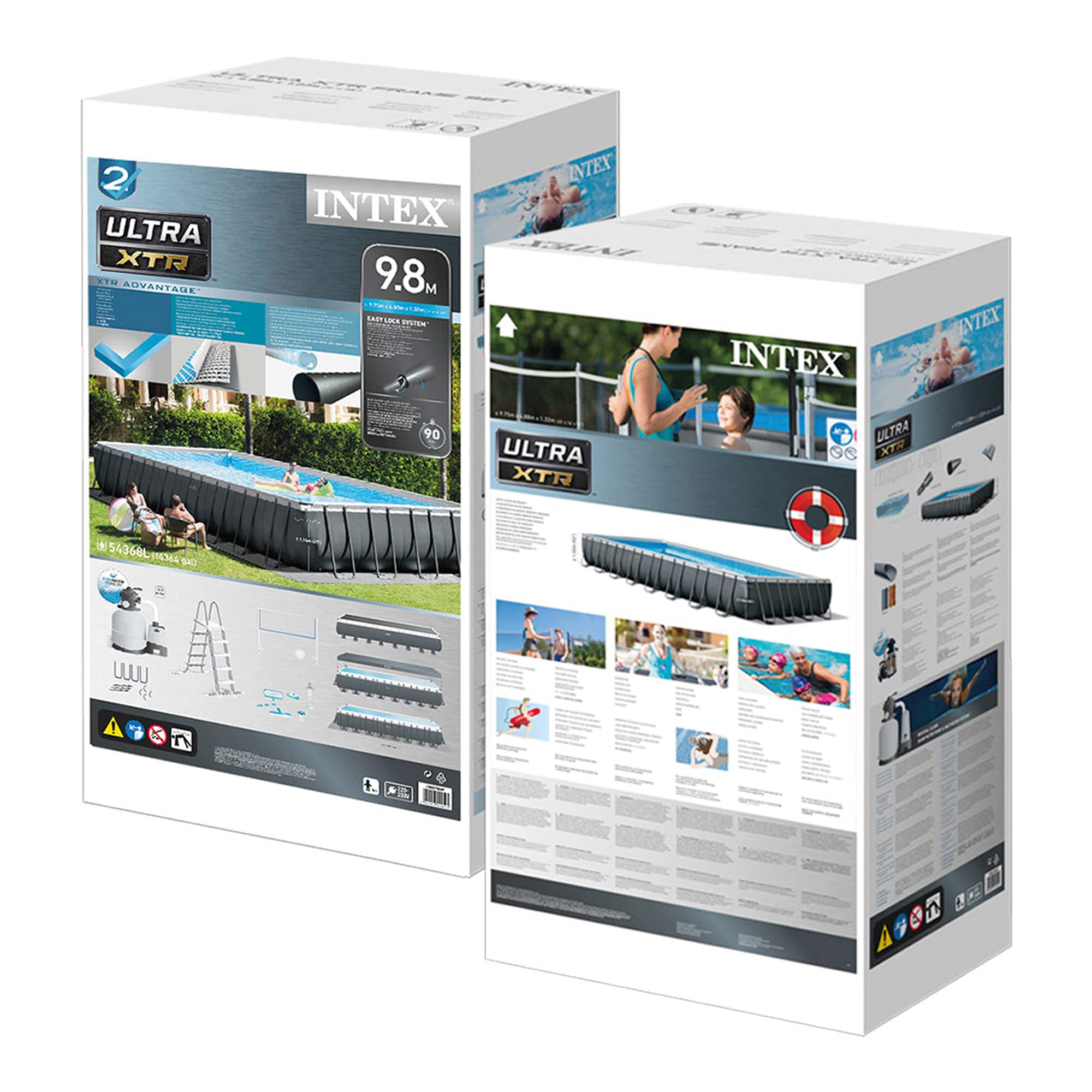 Intex 26378NP – Piscina Fuori Terra Ultra XTR Frame Rettangolare, Pompa Filtro 10000 L/h, Scaletta, Telo Base e Copertura, Kit Pulizia Deluxe e Set Volley, 54368L, Acciaio e PVC, Grigio, 975x488x132cm