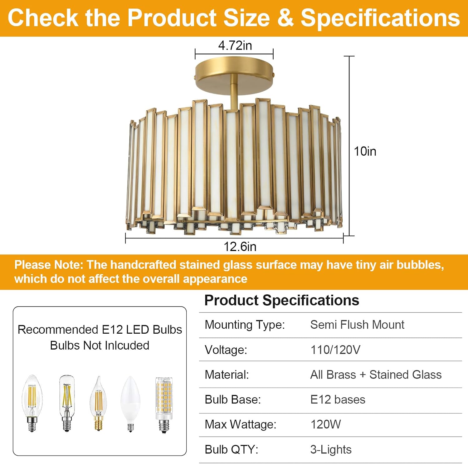 Brass Semi Flush Mount Ceiling Light, Antique 12.6in Drum Shape with Stained Glass 3-Light Vintage Ceiling Light Fixtures for Foyer Hallway Bedroom Kitchen (Off-White & Brass)