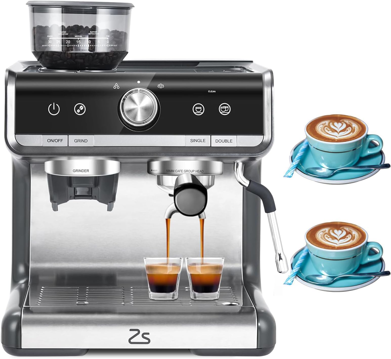 TROPOW 10 Cup Coffee Maker with Adjustable Coarseness Grinder, 20 Bar Coffee Maker with Milk Frother Steam Wand, 95 Ounce Removable Water Tank Coffee Machine for Latte, Cappuccino, 2 Cups at Once,Grey