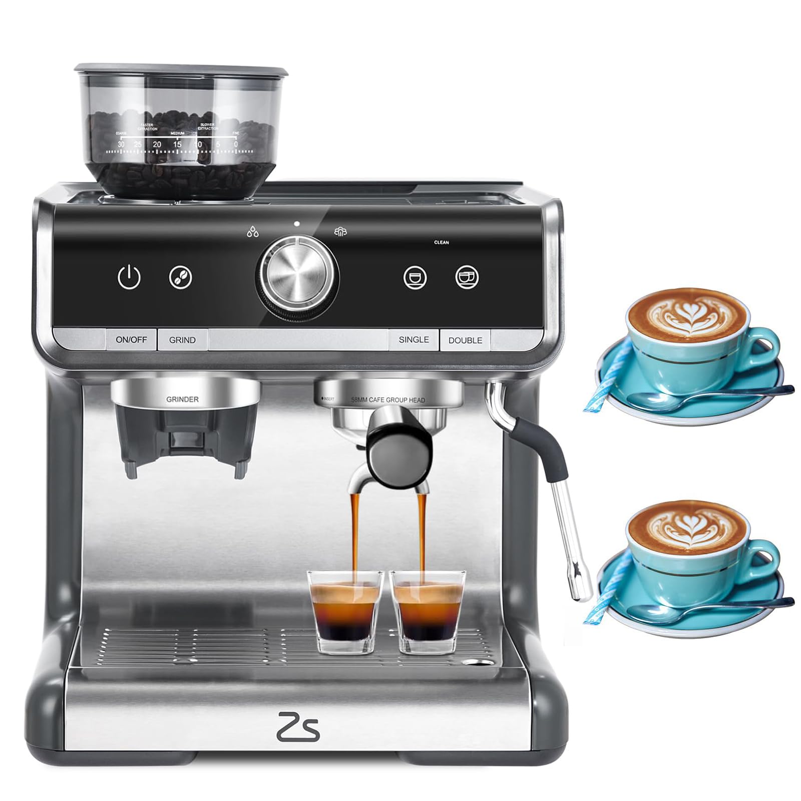 10 Cup Coffee Maker with Adjustable Coarseness Grinder, 20 Bar Coffee Maker with Milk Frother Steam Wand, 95 Ounce Removable Water Tank Coffee Machine for Latte, Cappuccino, 2 Cups at Once,Grey