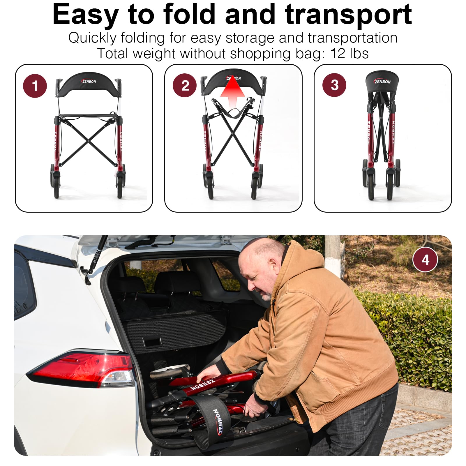 Andador para Ancianos Carbono: Andador Plegable y Ligero con Asiento - Andador Plegable Estrecho para Personas Mayores - Andador de Interior para Viajes en el Maletero (Rojo)