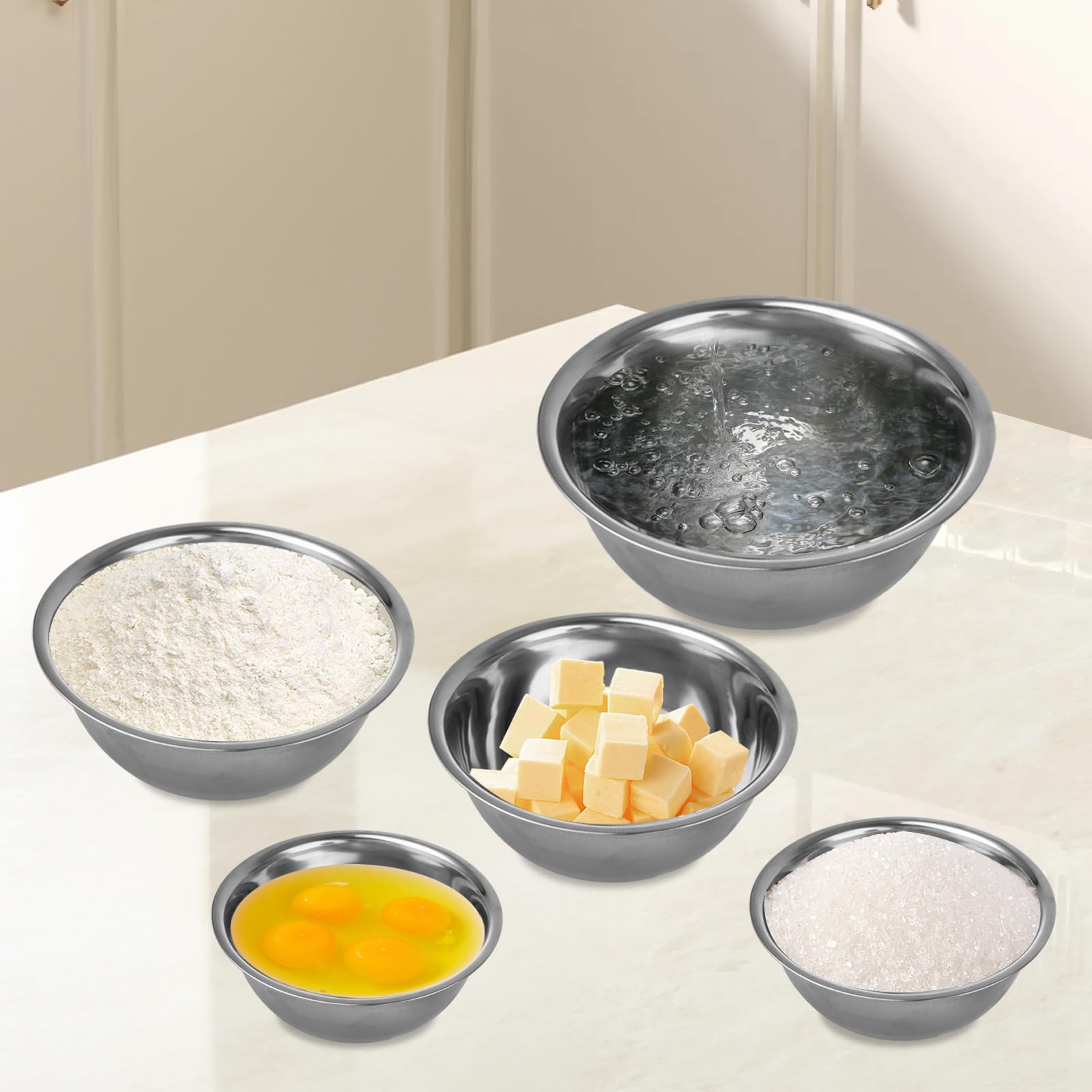 5 cuencos de acero inoxidable para hornear, cuencos de metal con marcado de medición, juego de cuencos para mezclar para cocina, preparación, apto para lavavajillas (0,58 L, 0,9 L, 1,6 L, 2,05