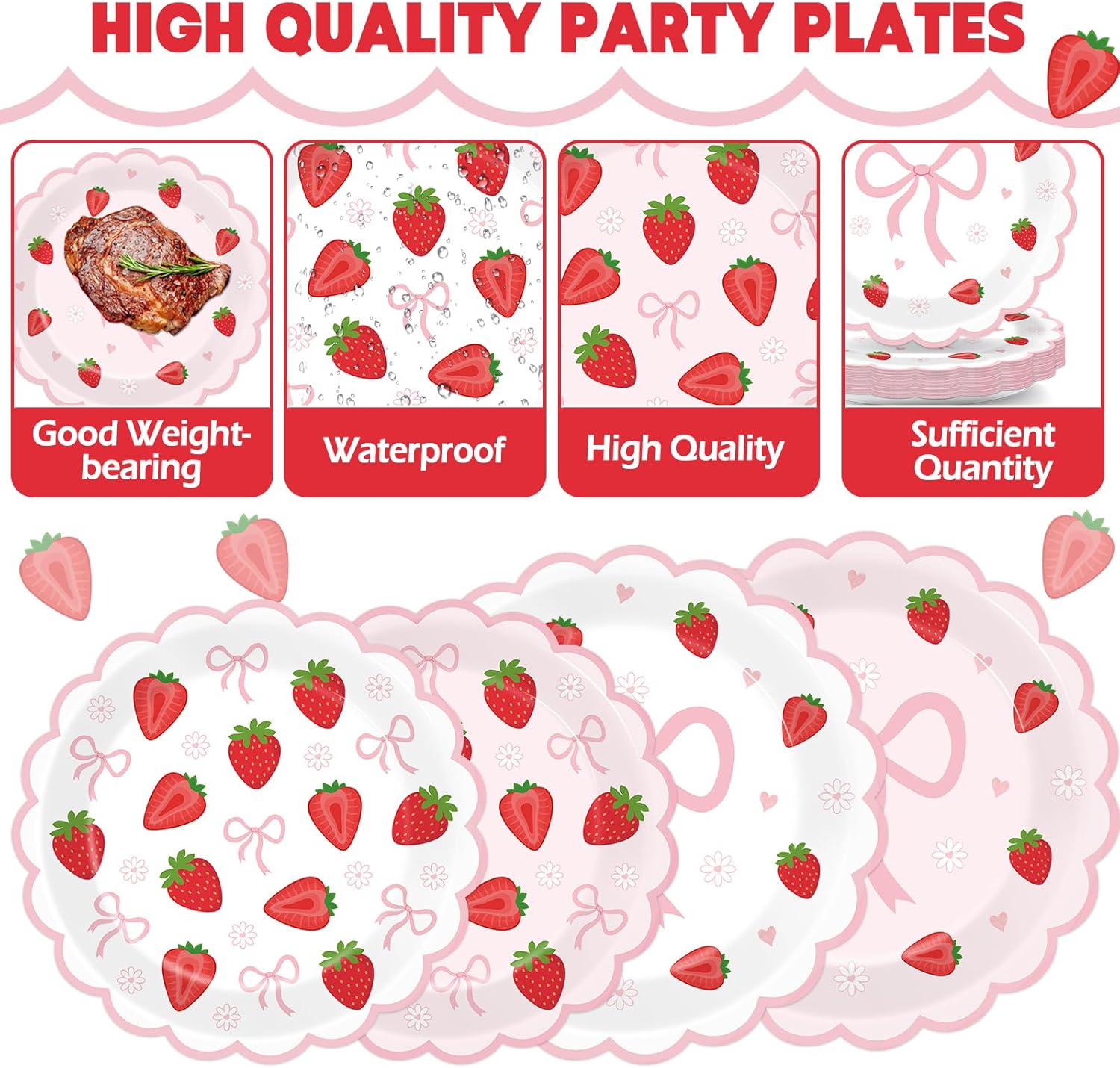 96Pcs Strawberry Party Plates and Napkins Bow Berry Sweet Scalloped Birthday Plates Party Supplies Pink Coquette Strawberry Tableware for Girls Baby Shower Wedding Birthday Decor 24 Guests - Image 3
