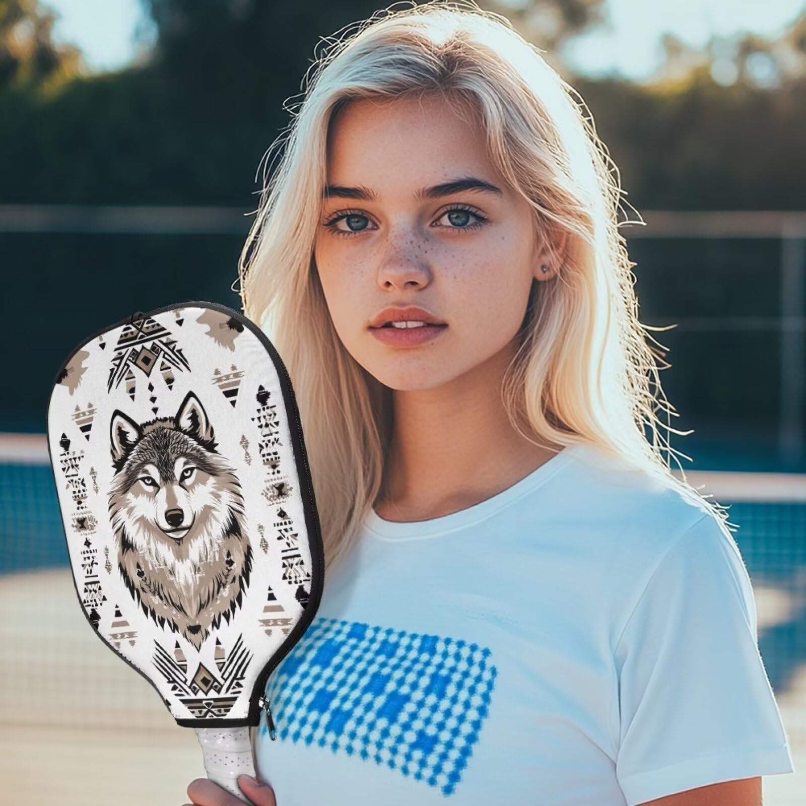 TSOVTHRID Tribal Wolf Print Pickleball Paddle Cover Pickleball Paddle Case Universal 8.66 x 11.42 Inch Premium Pickle Ball Accessories Pickle Ball Paddle Sleeve Fits Most Paddles