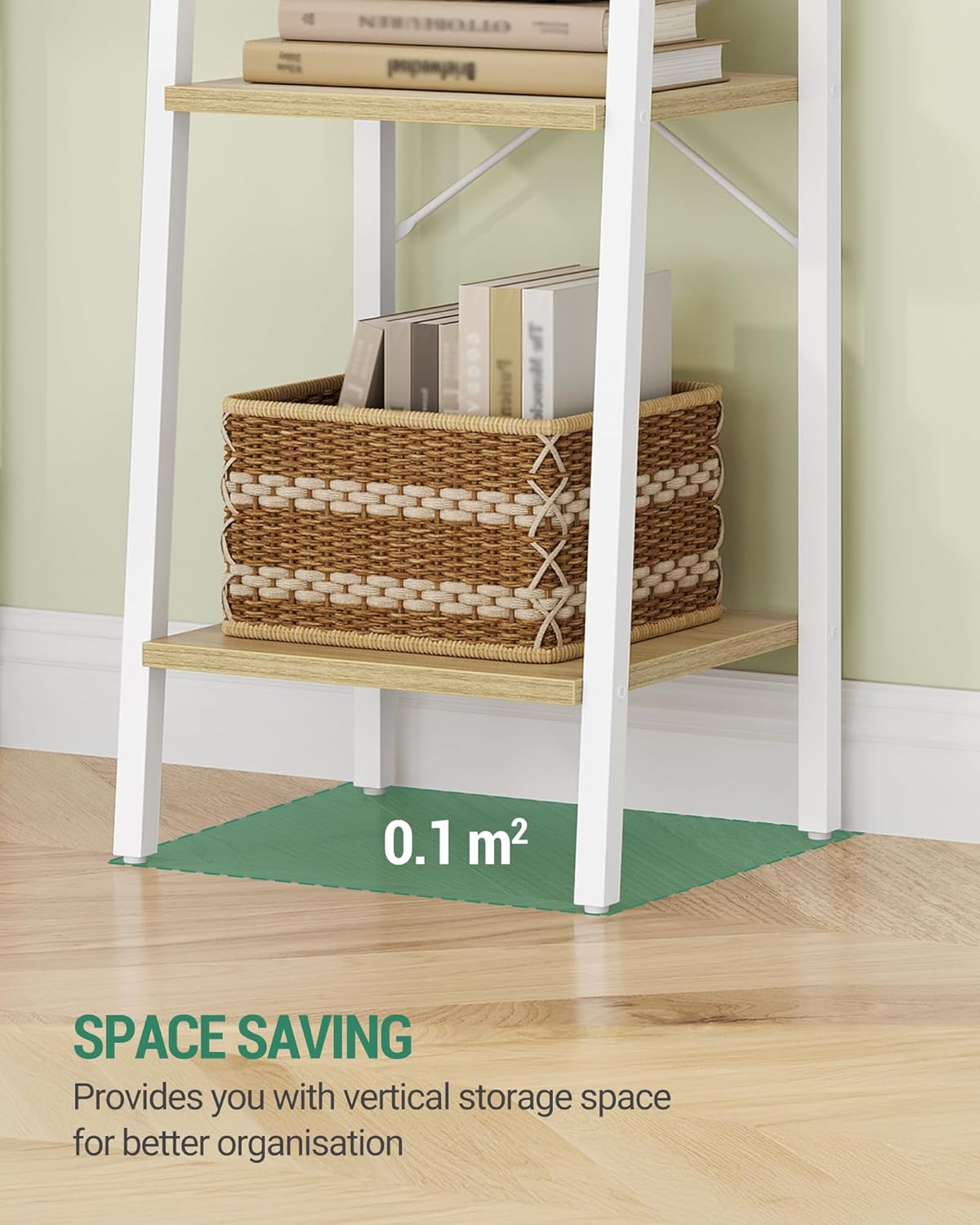 Ladder Shelf, Bookshelf Bookcase, Freestanding Corner Storage Shelve with 2 Hooks for Home Office, Living Room, Kitchen, Bedroom, Industrial, 11.8" D x 17.3" W x 63" H, White Oak and White