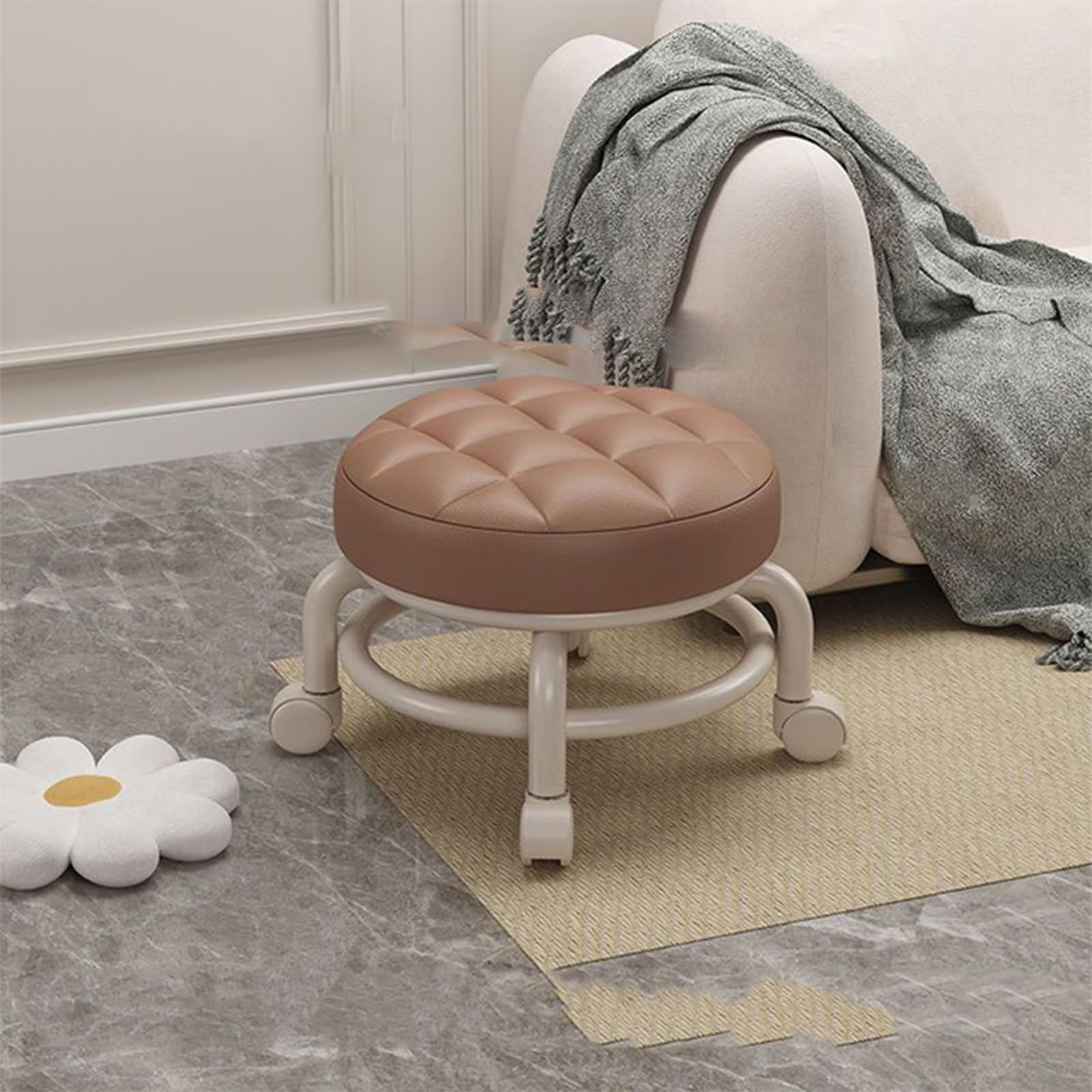 HYMIC Low Roller Stools with Universal Wheel PU Leather Rolling Stool Seats with Mute Wheels for Home Office Fitness Round Roller Seat Stool (Brown)